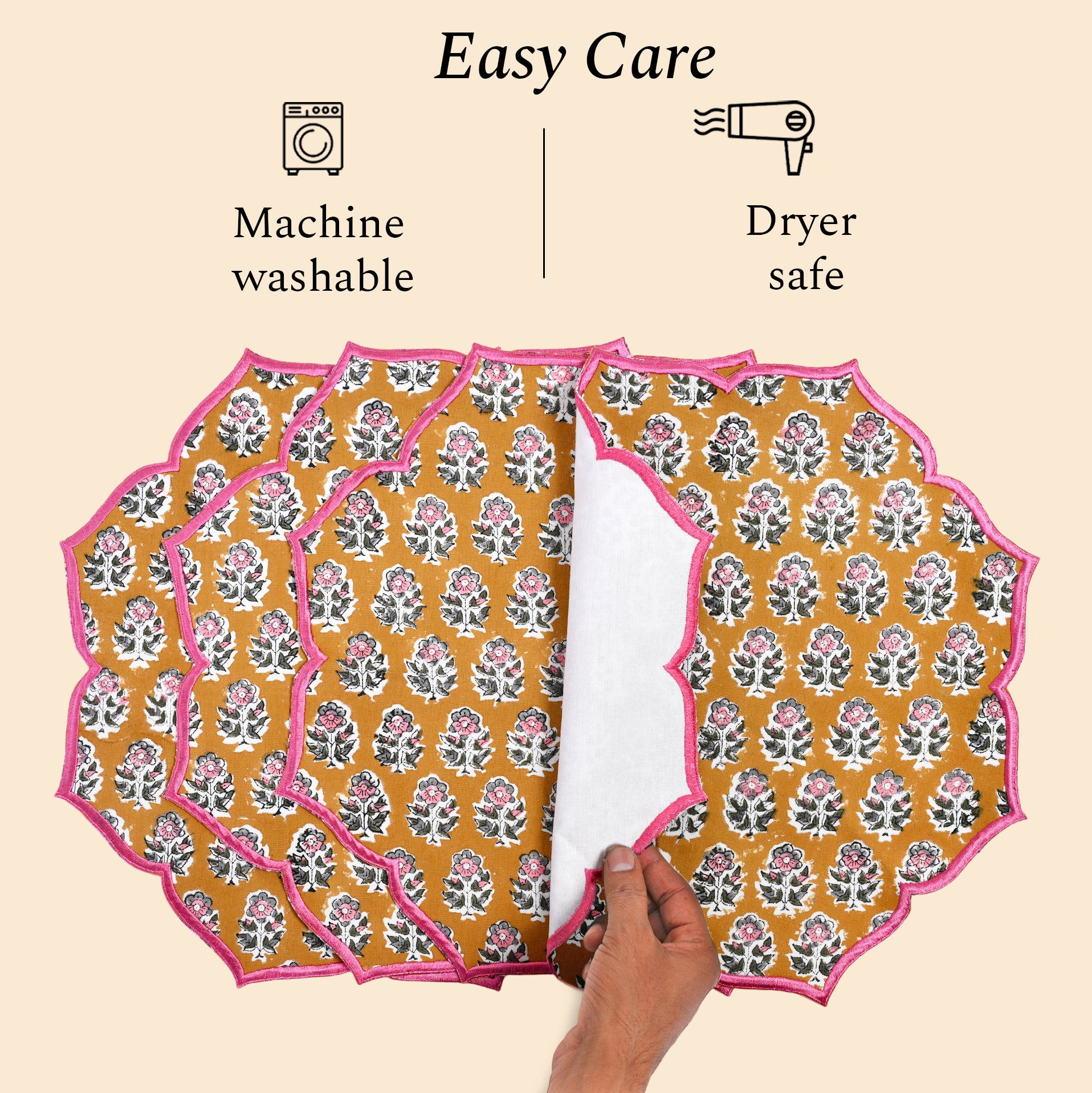 machine washable and dryer safeYellow scalloped placemat with elegant floral stitching