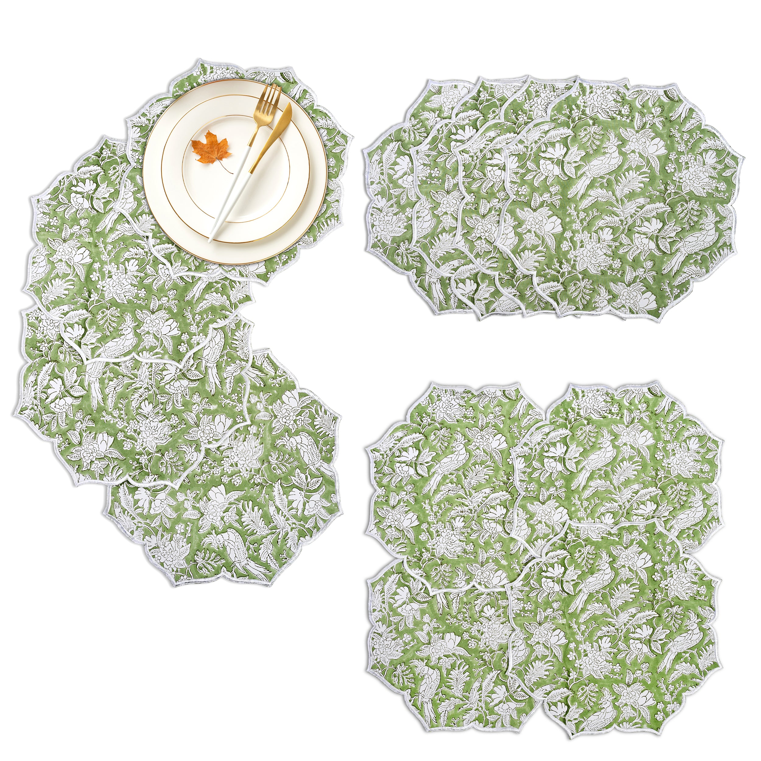 green scalloped cotton placemat with botanical embroidery