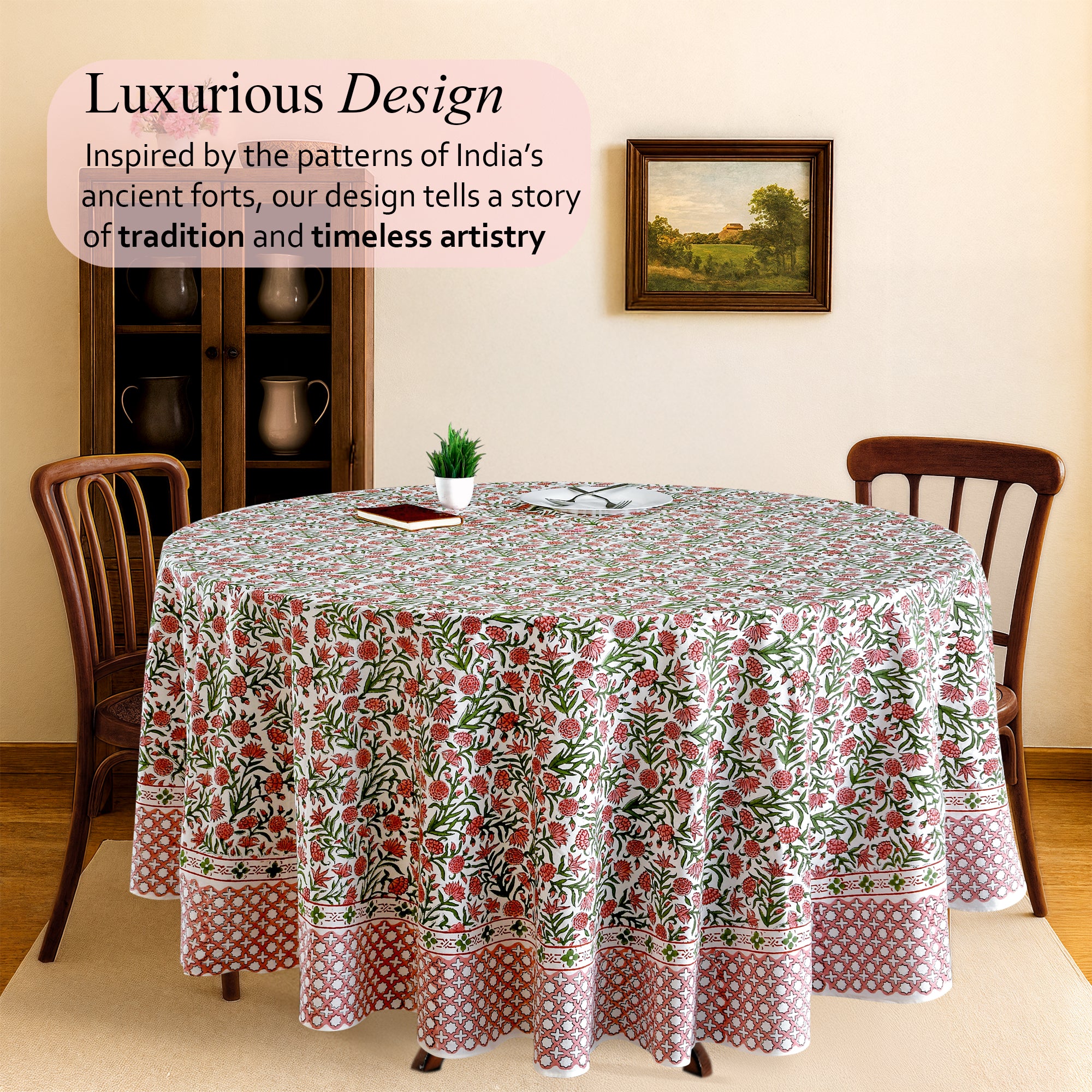 white, red, and green floral 100% cotton round tablecloth