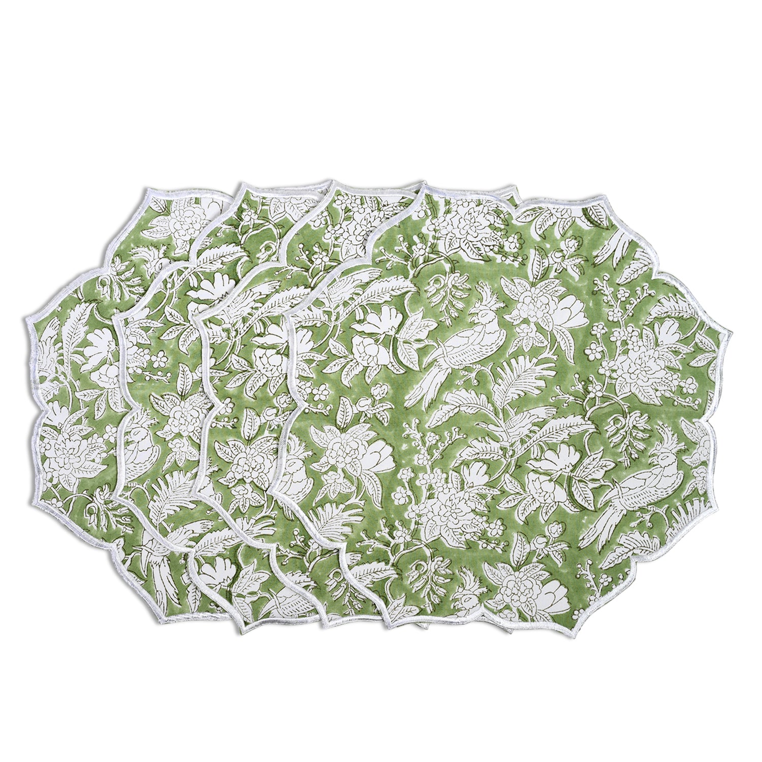 Cotton placemat in calming sage with floral motifs