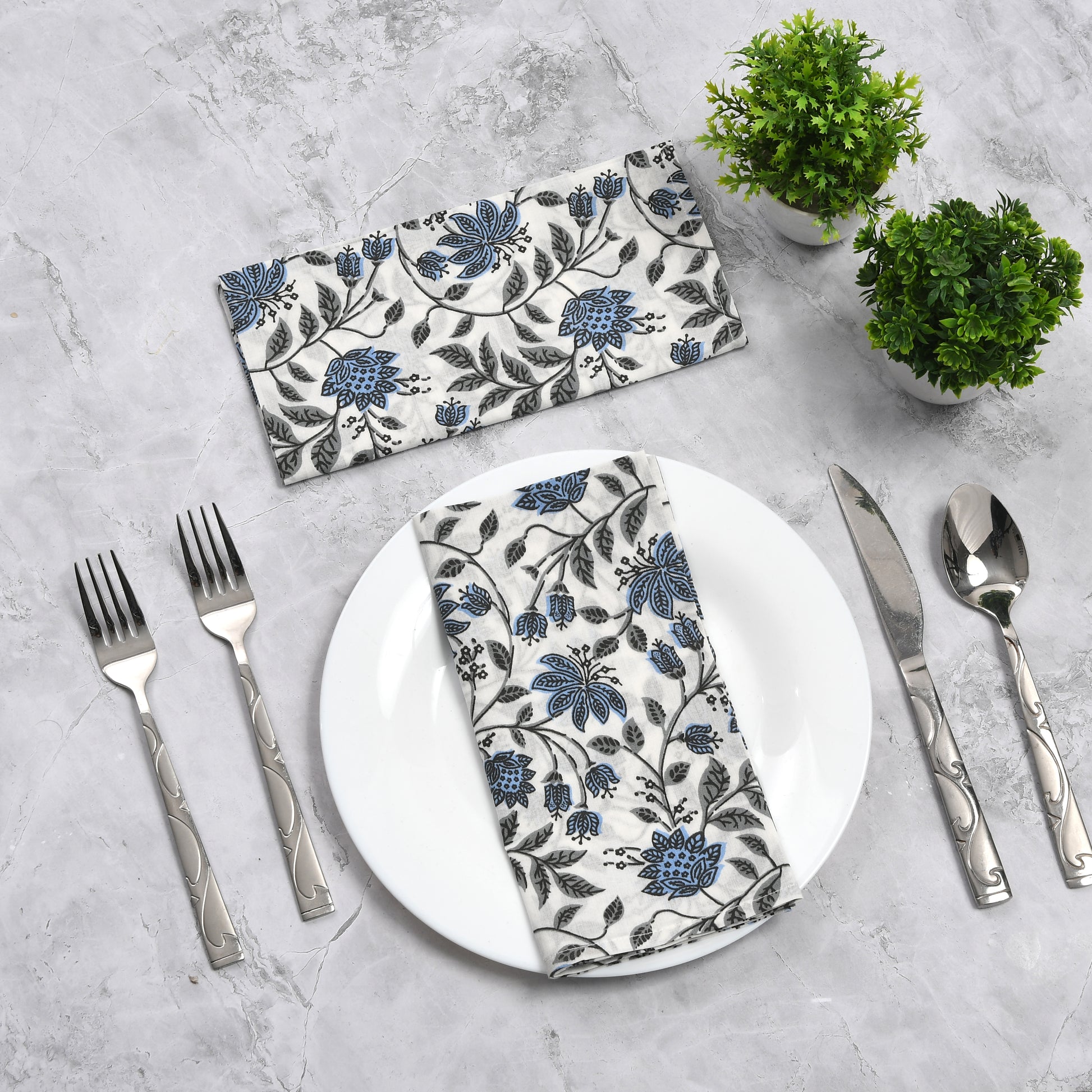Cotton Cloth Napkins - White Blue