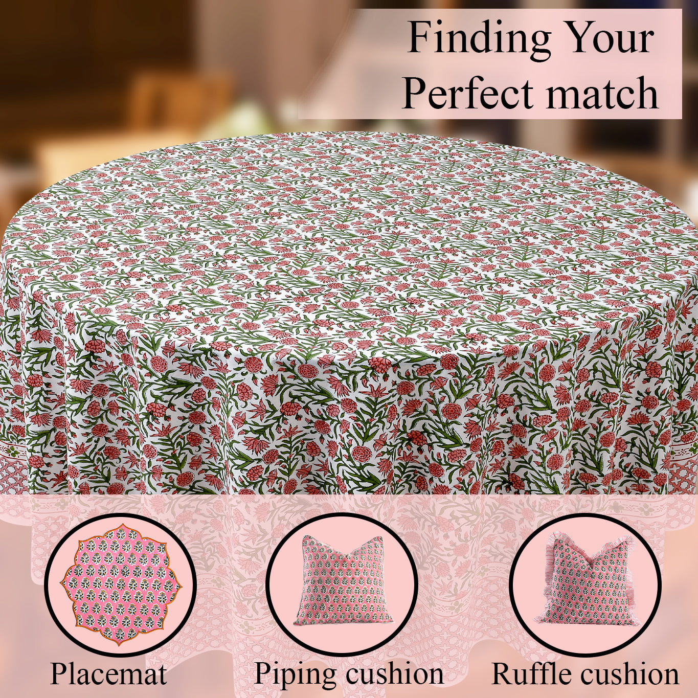 white, red, and green floral 100% cotton round tablecloth