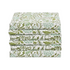 Stack of neatly folded green floral napkins on a white background.