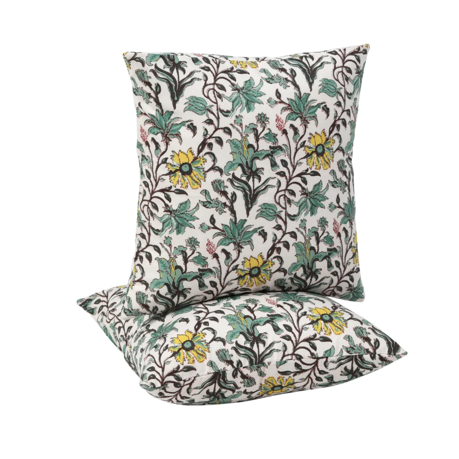 Boho-style hand-printed pillow covers in earthy, artisan-inspired tones