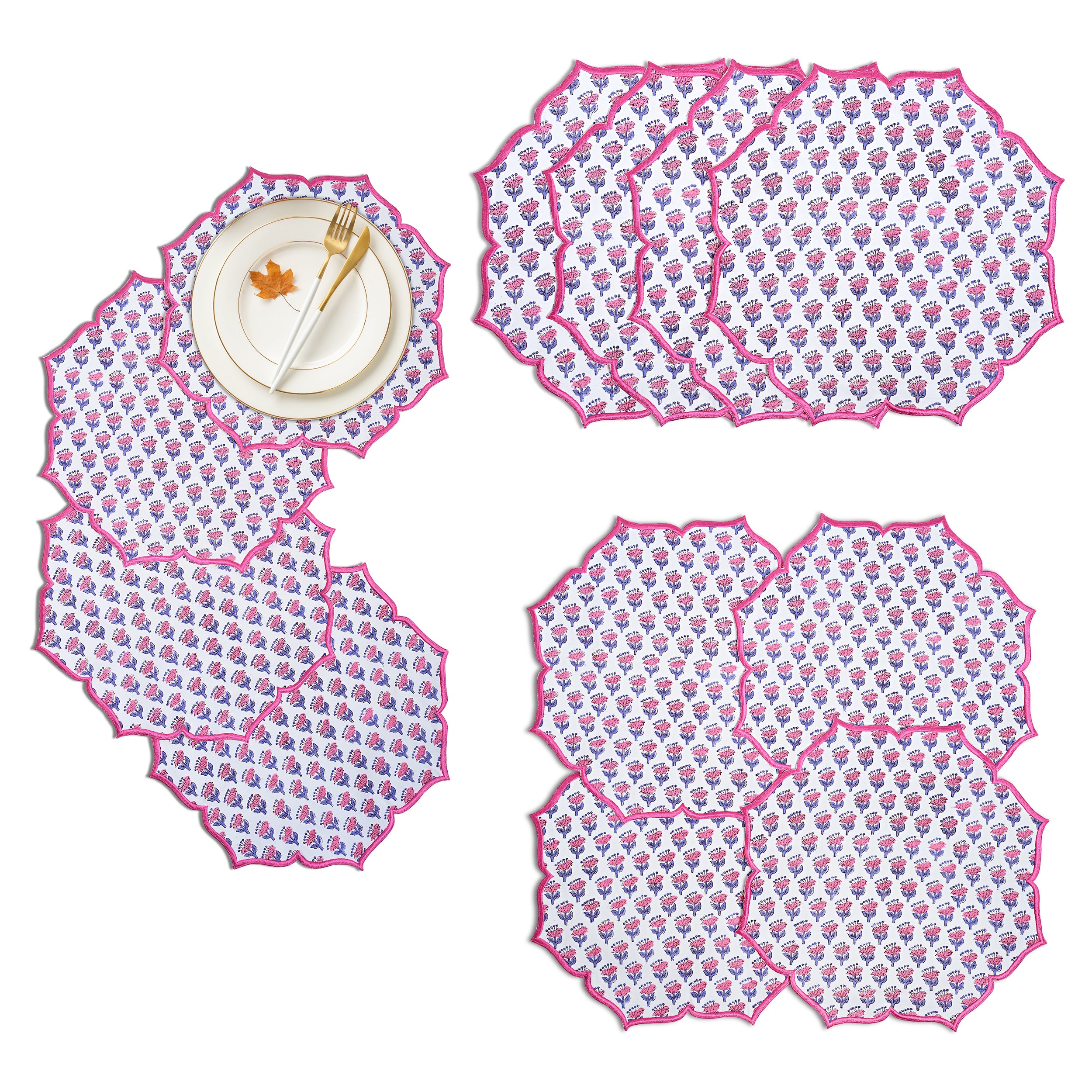 Vibrant pink sapphire cotton placemat with scalloped trim