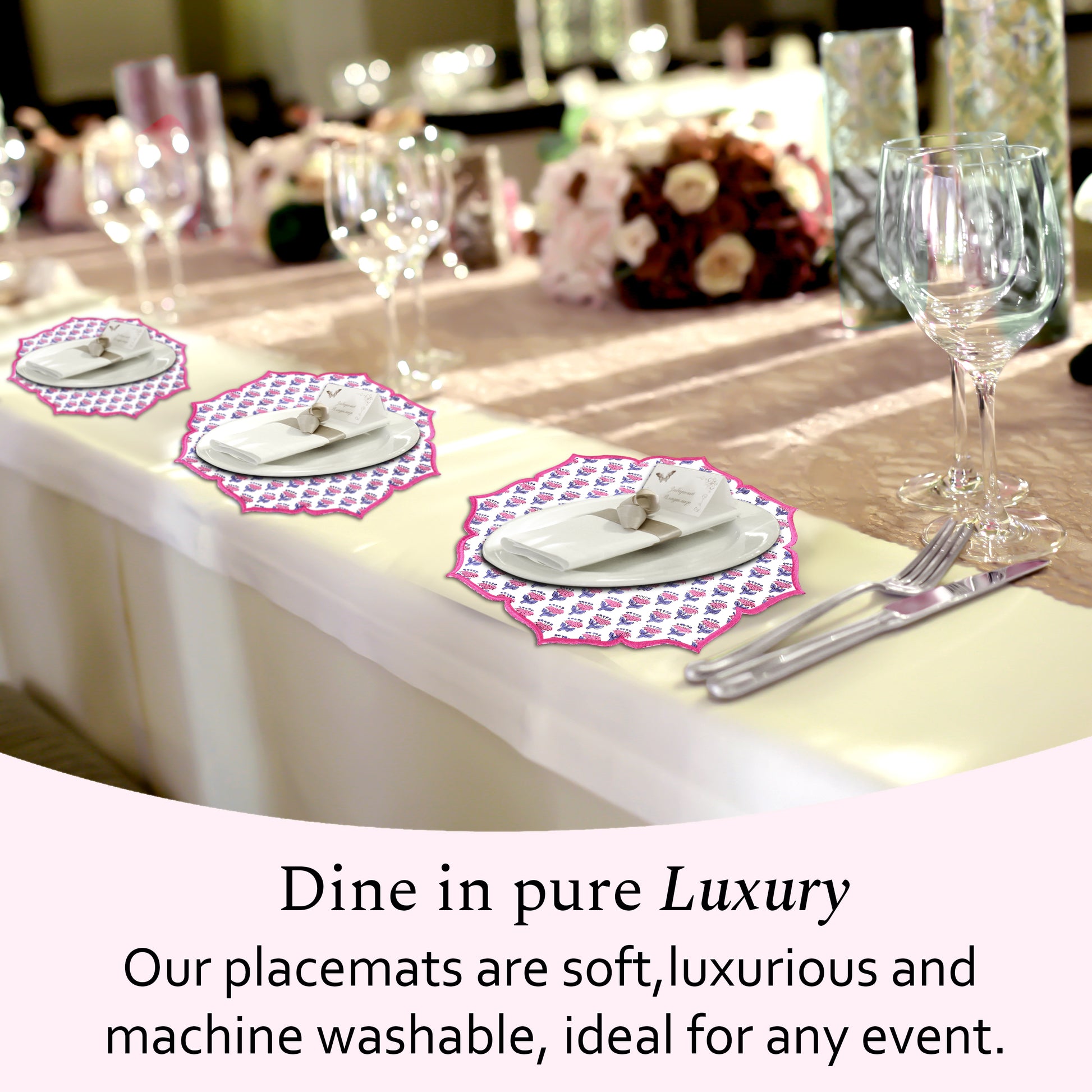 Bright pink cotton placemat with elegant embroidery detail
