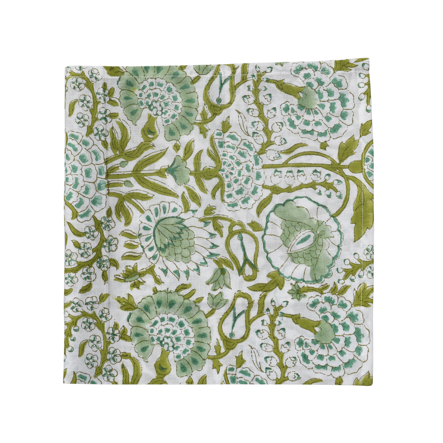 single green and white floral napkin on white background