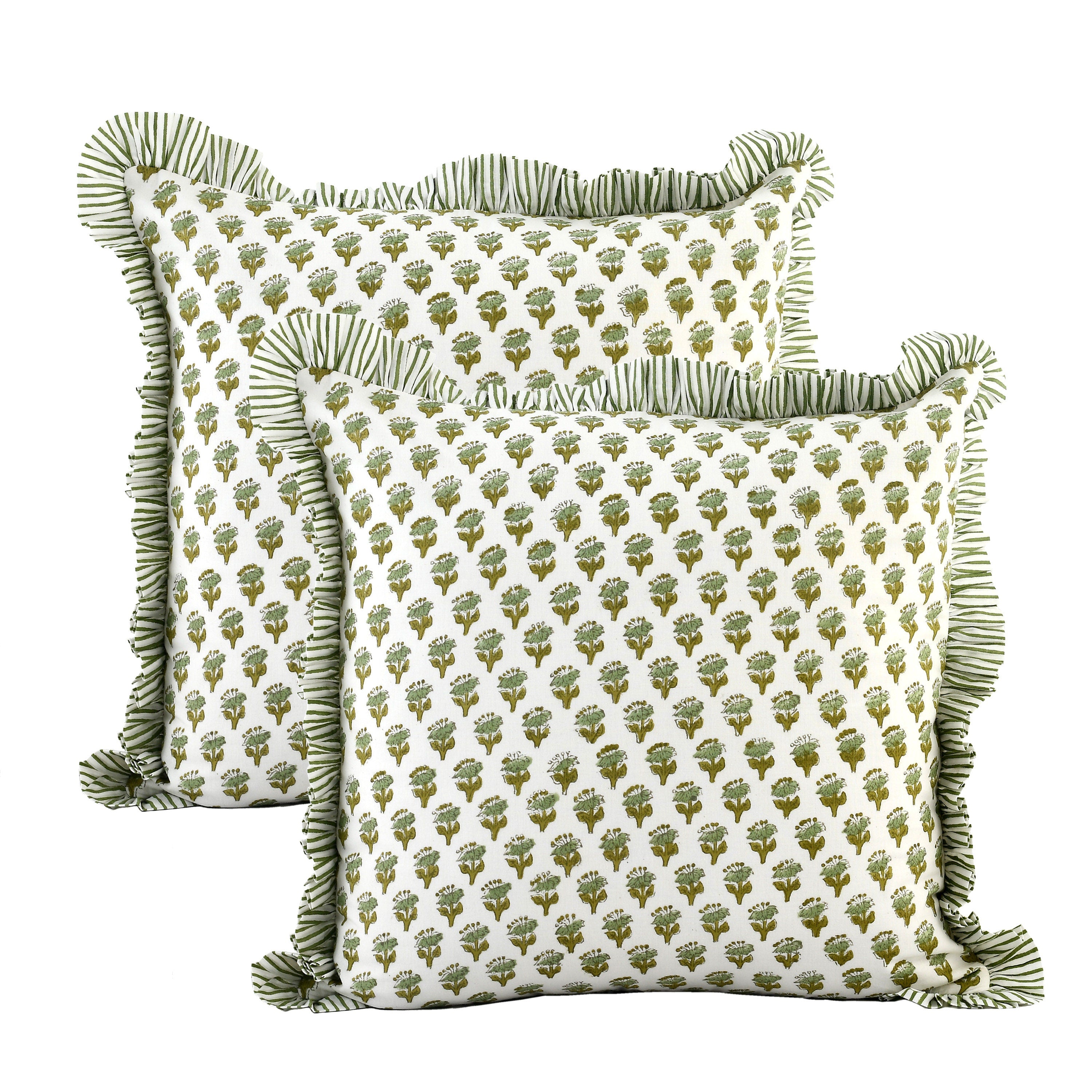 Vintage botanical ruffle pillow with a soft green floral pattern