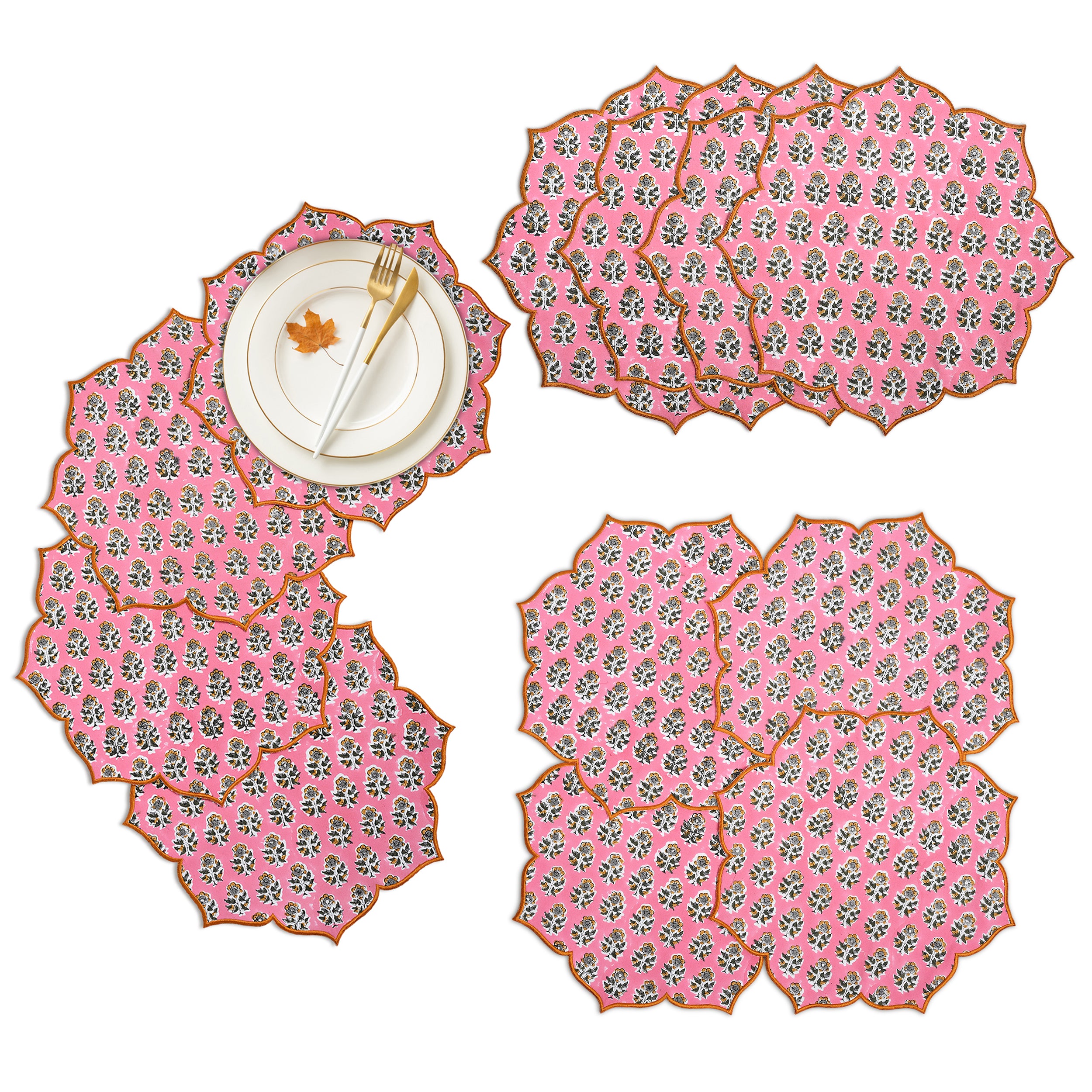 Poppy pink scalloped cotton placemat with delicate embroidery