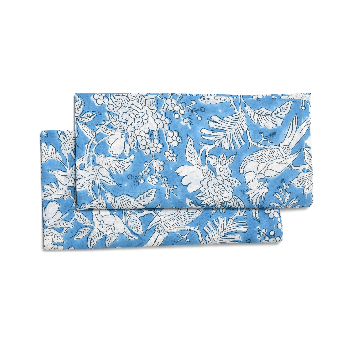 Two folded blue floral napkins stacked on a white background.