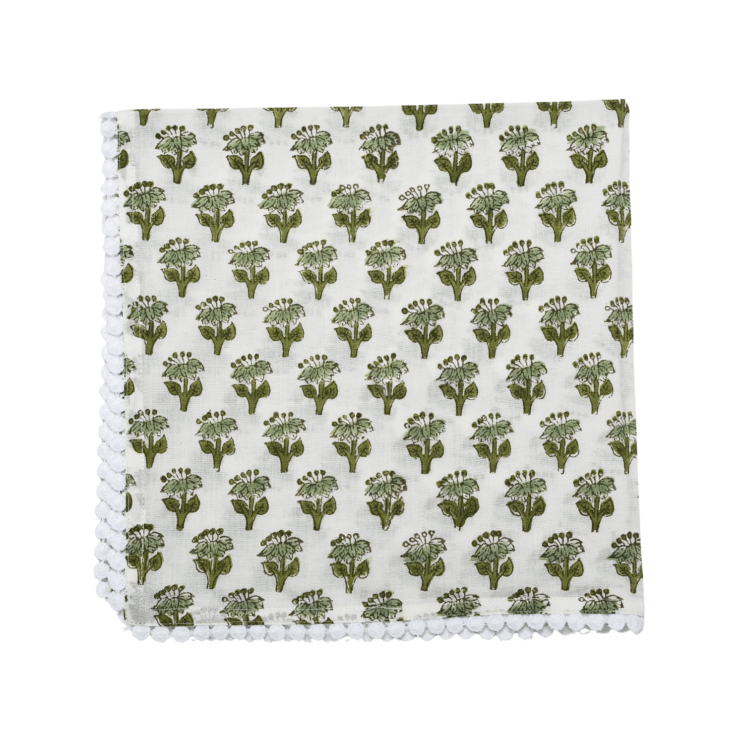 Single flat lay of green and white floral cotton napkin.