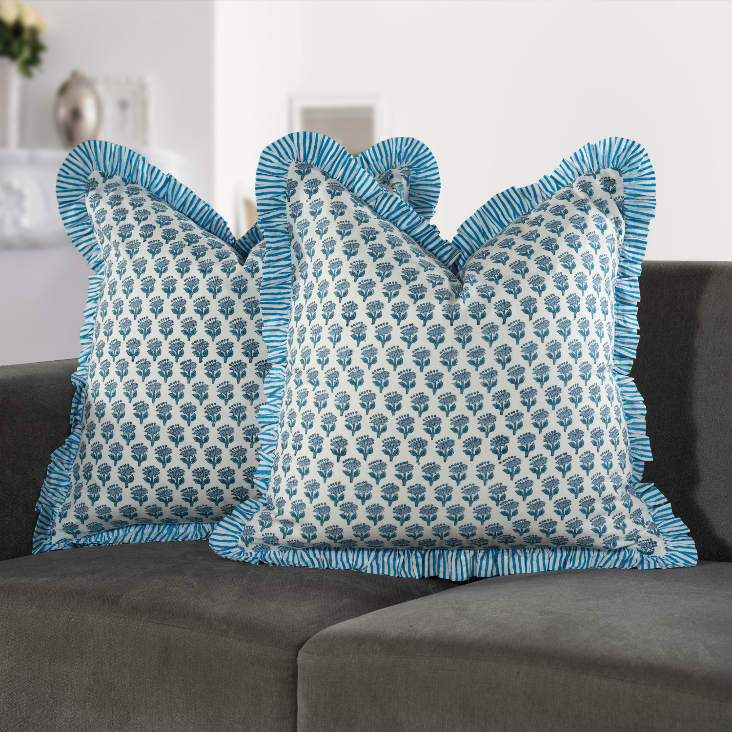 Ruffle Throw Pillow Covers -  Apatite Blue
