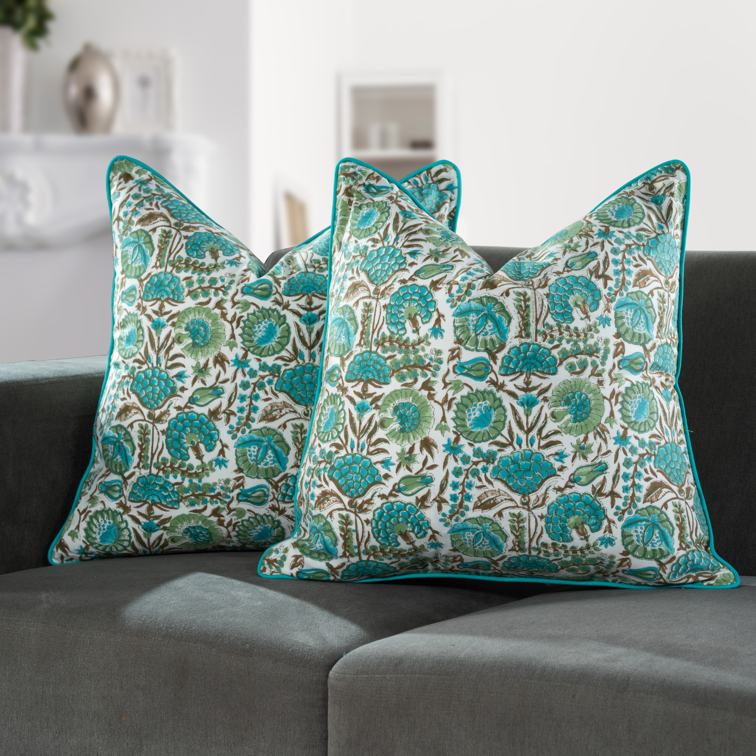 Piping Throw Pillow Covers - Aqua Green (Set of 2)