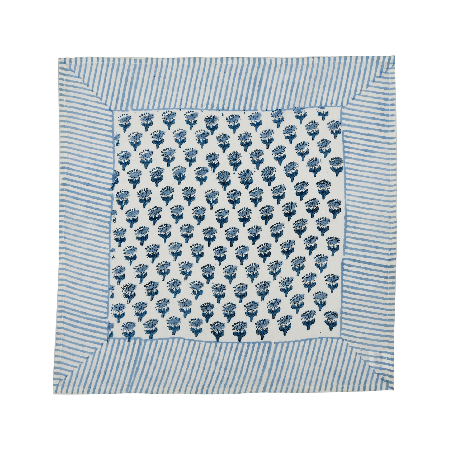 Single flat lay of blue and white floral cotton napkin.