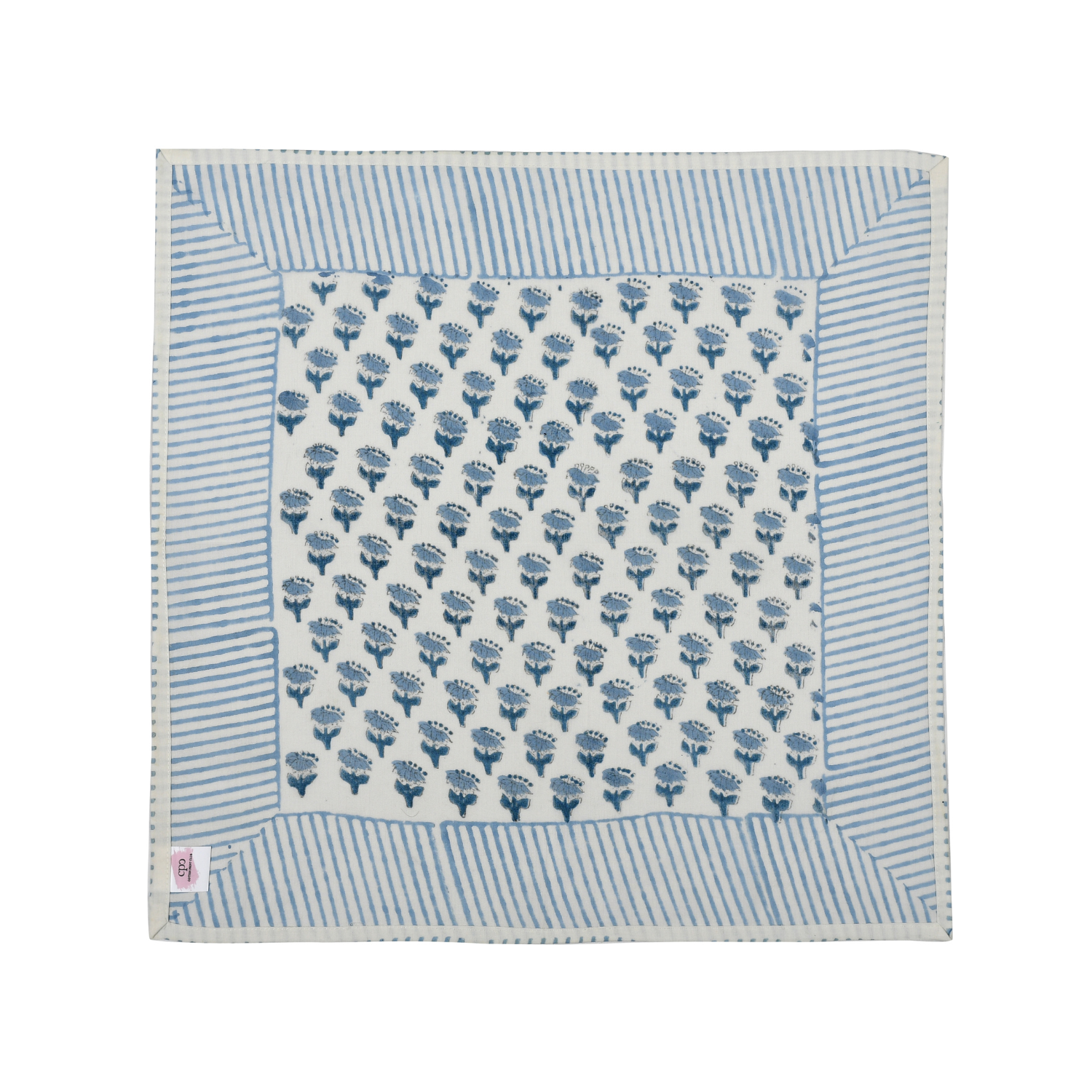 Single flat lay of blue and white floral cotton napkin.