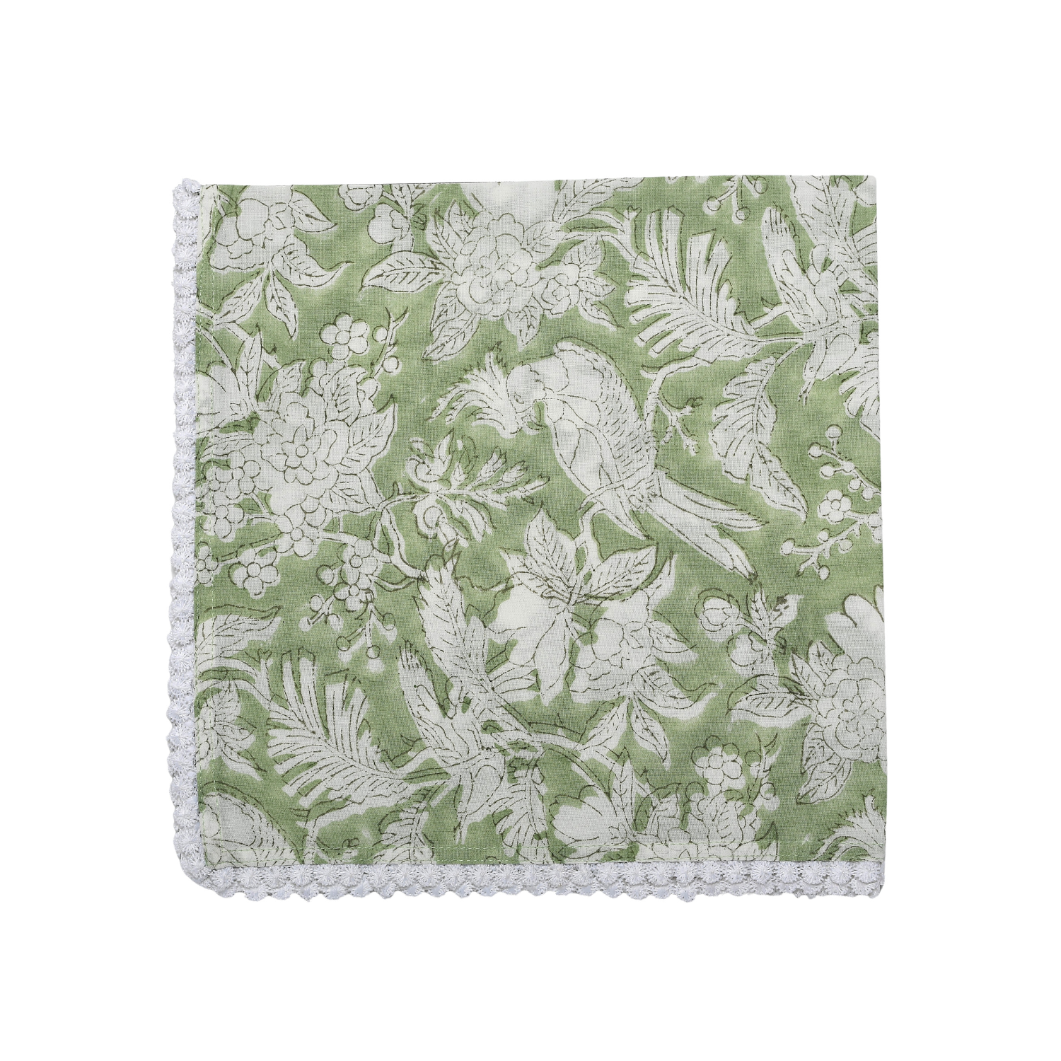 Single flat lay of green and white floral cotton napkin.