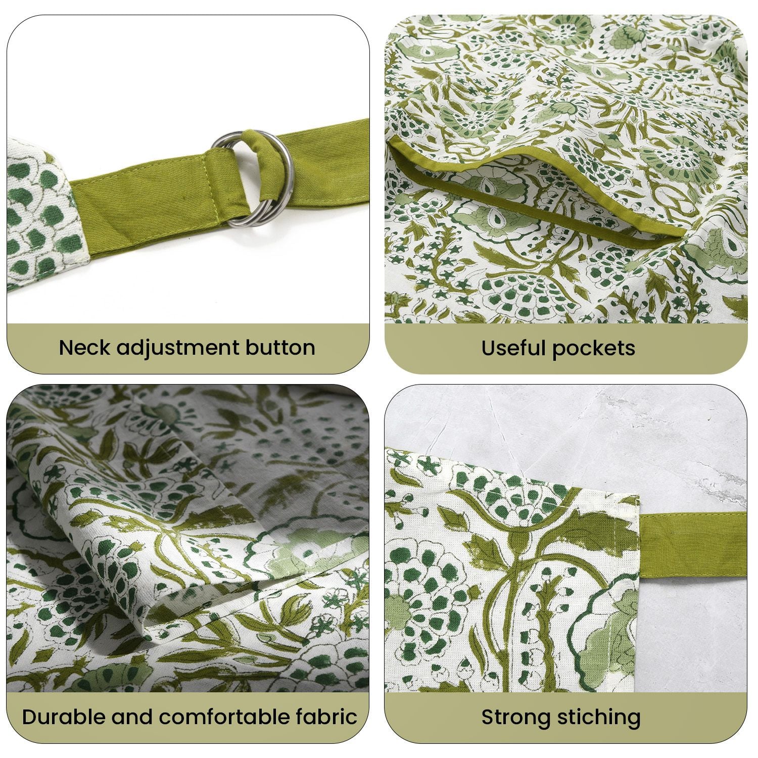 Soft green apron with adjustable neck strap and waist tie, useful pockets, durable cotton, and strong stitching