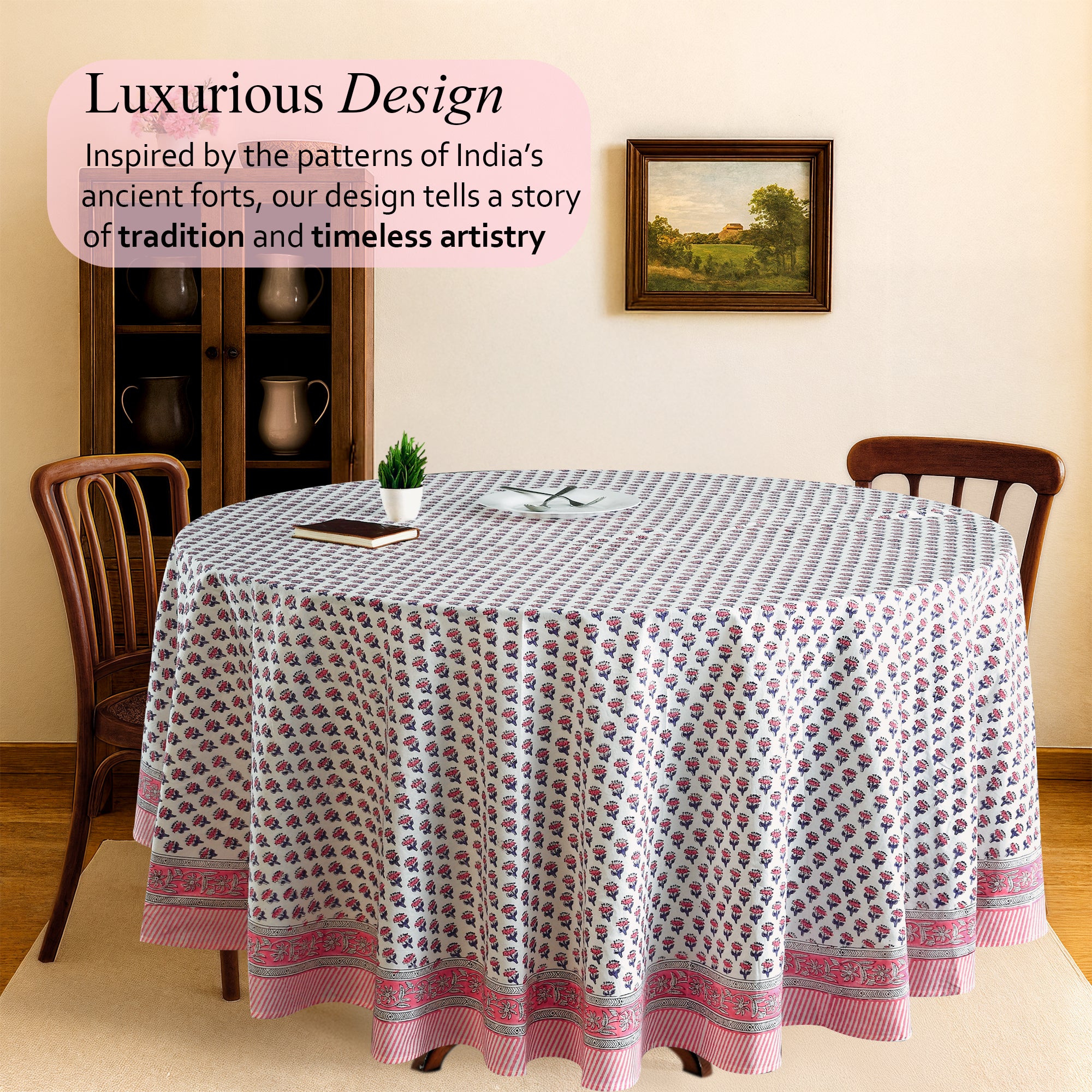 pink and white floral indian 100% cotton breathable round tablecloth