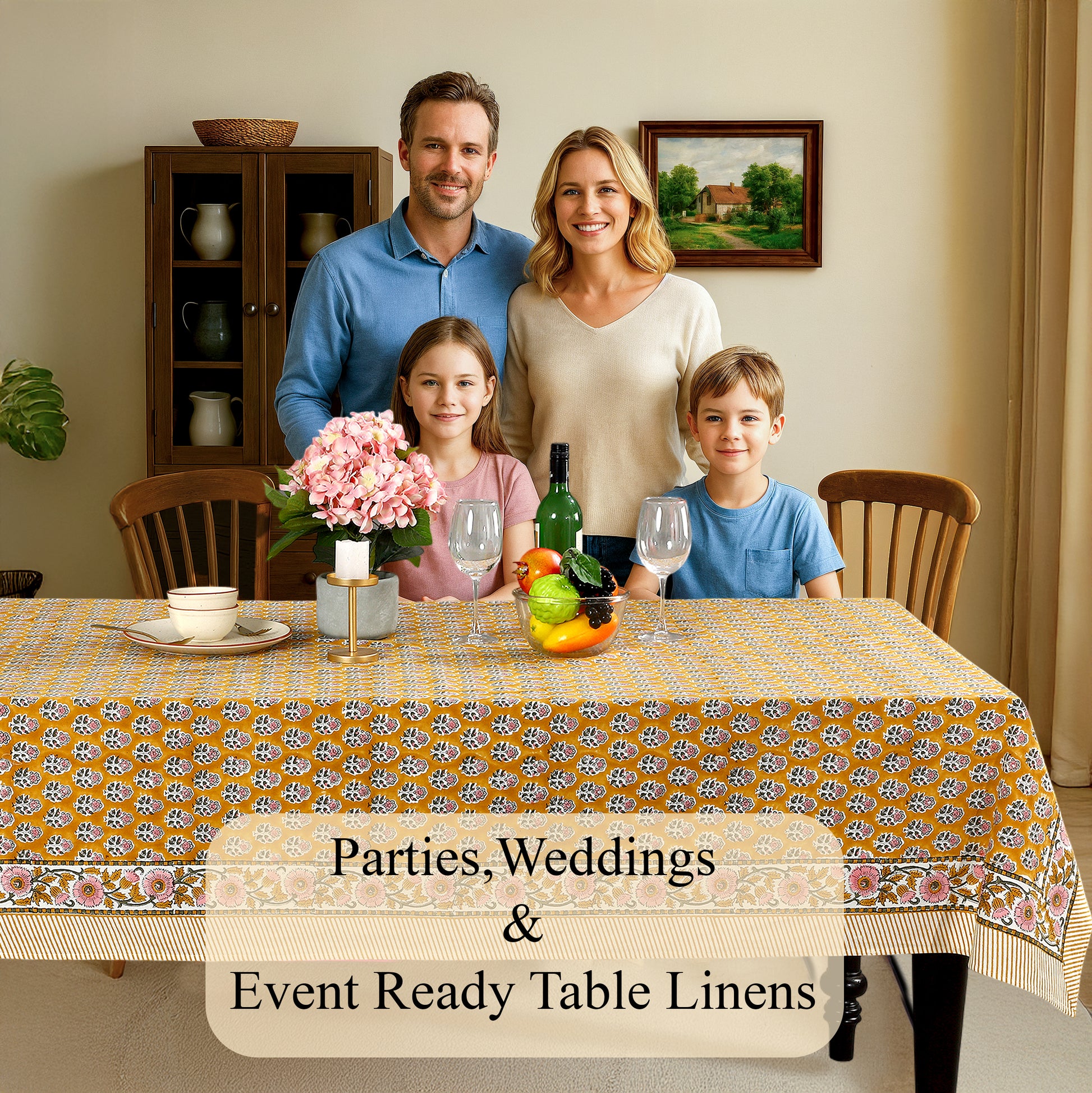 yellow washable cotton tablecloth with floral print