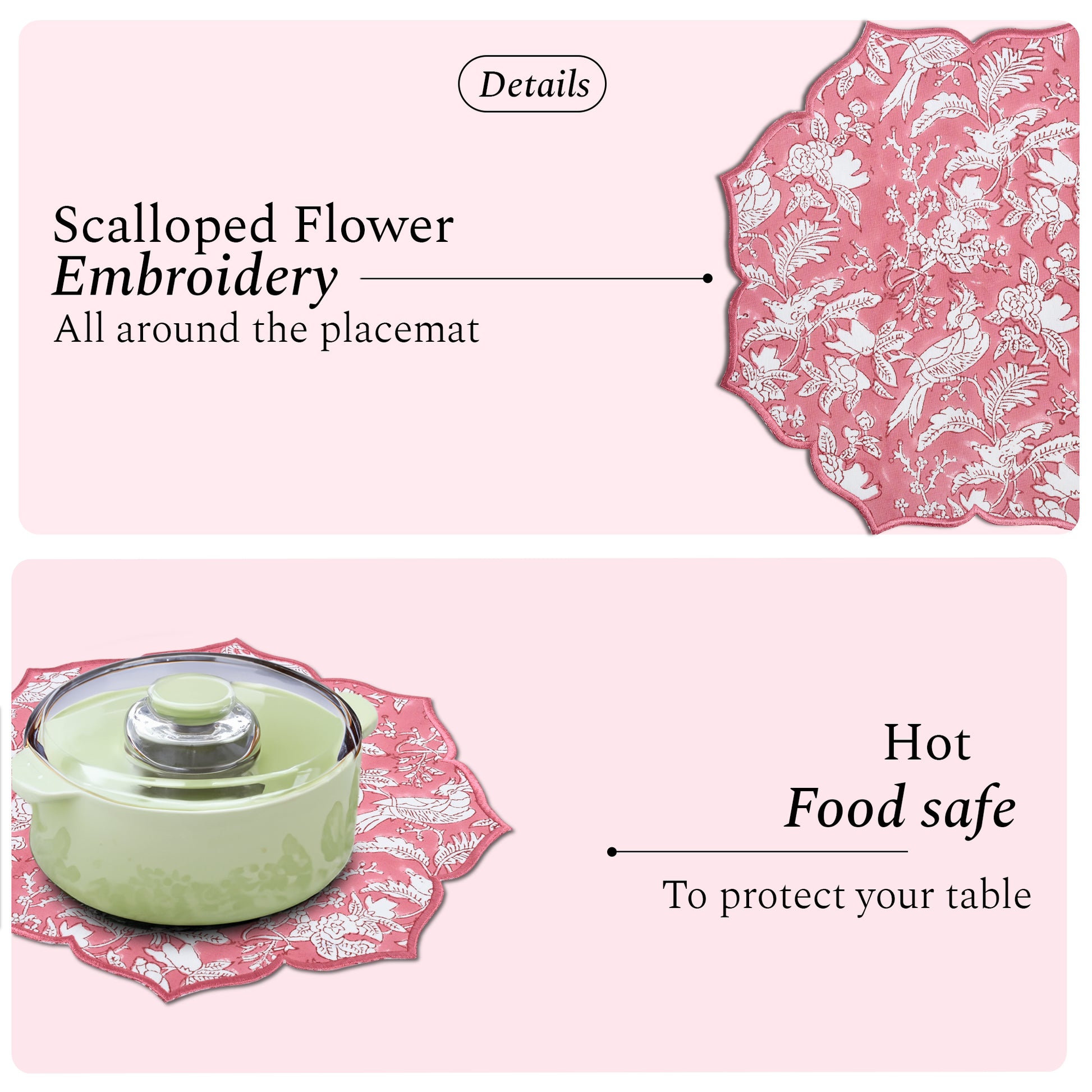 Warm coral pink cotton placemat with scalloped embroidery