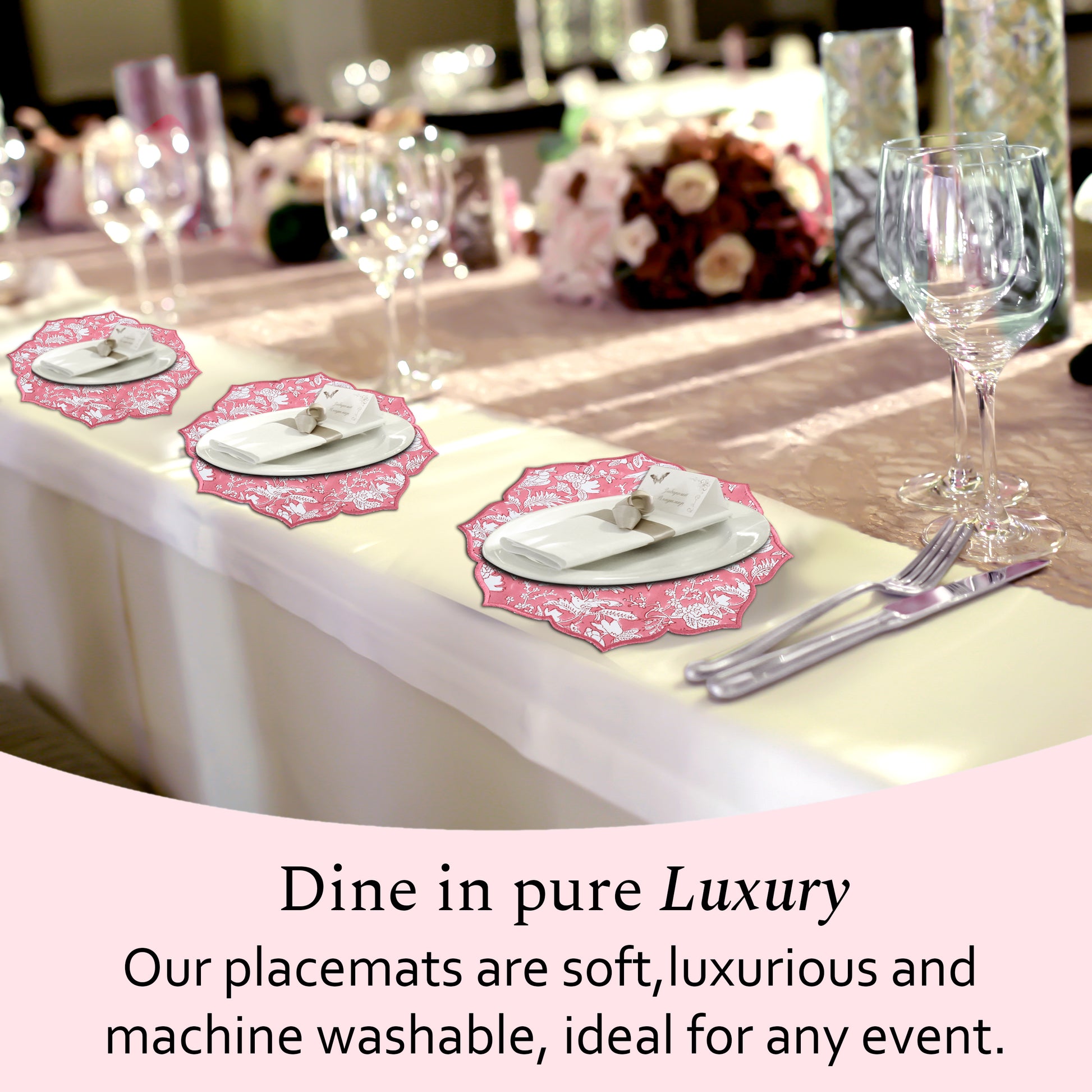 Cotton placemat in fresh coral pink with elegant stitching