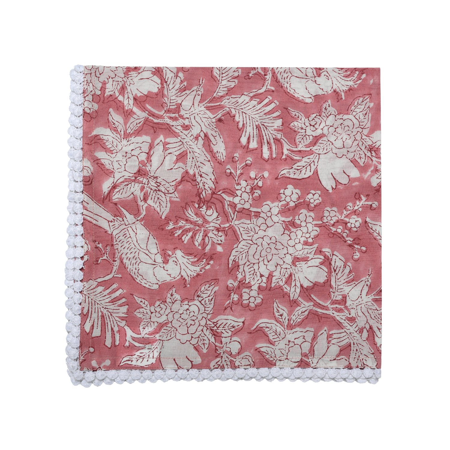 Single flat lay of pink and white floral cotton napkin.