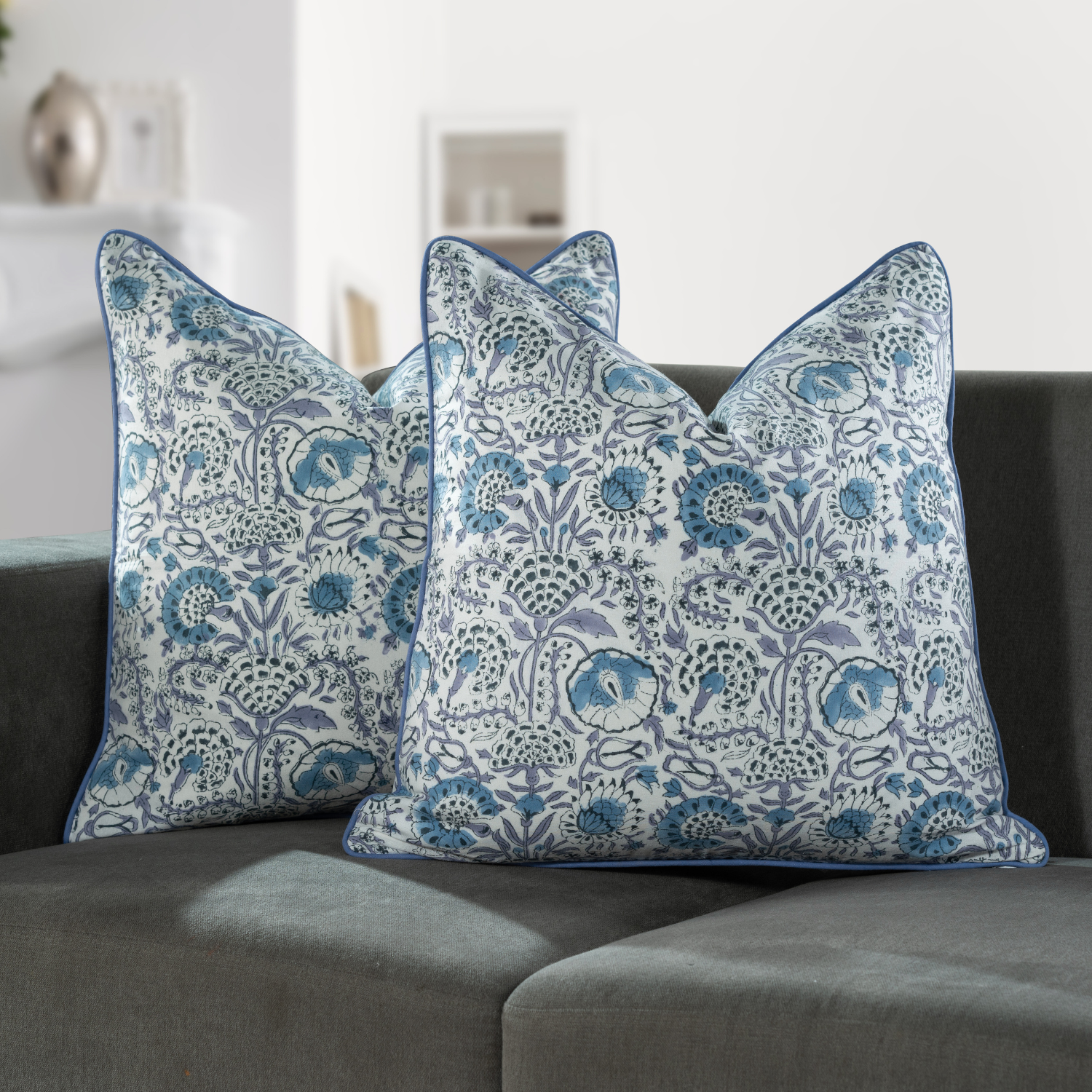 Piping Throw Pillow Covers - Indigo Blue (Set of 2)