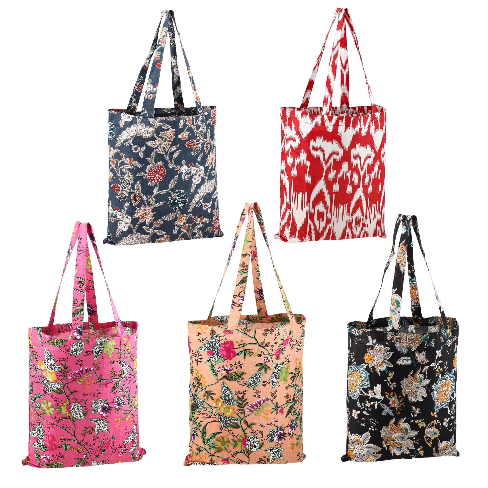Hand-Printed Cotton Shopping Bags - Mix Set of 5