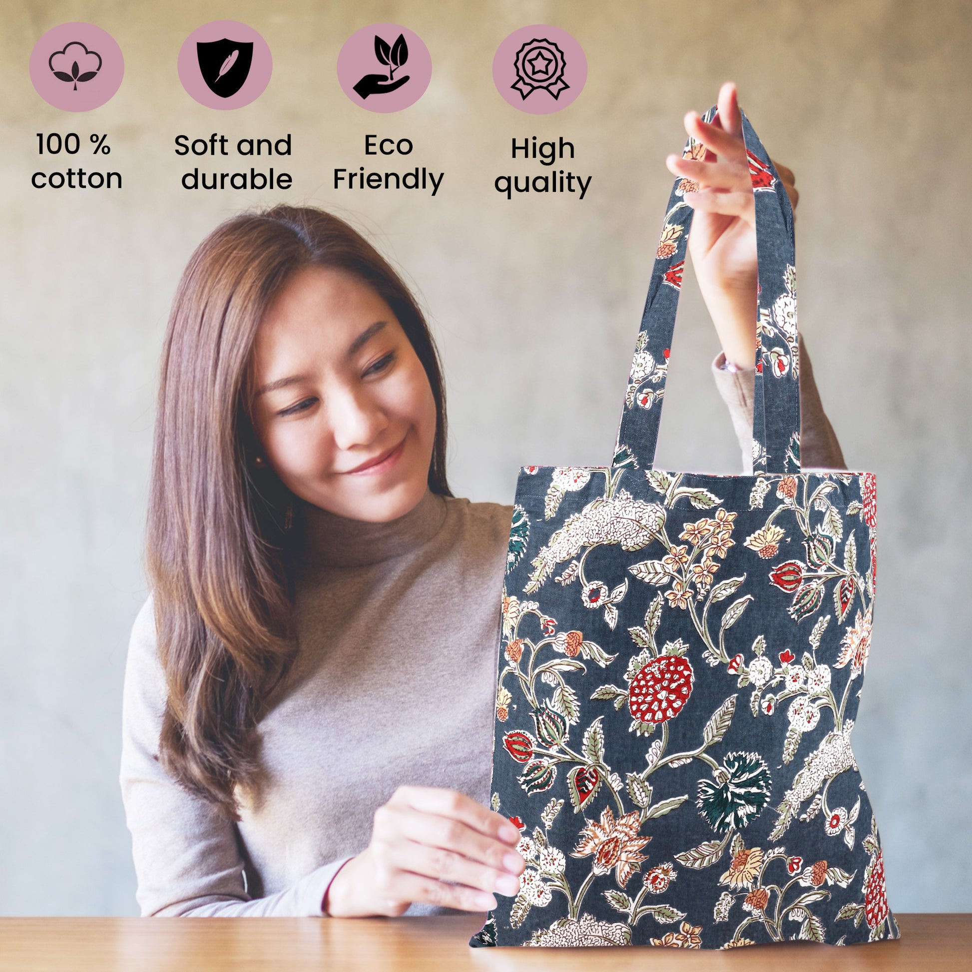 Hand-Printed Cotton Shopping Bags - Mix Set of 5