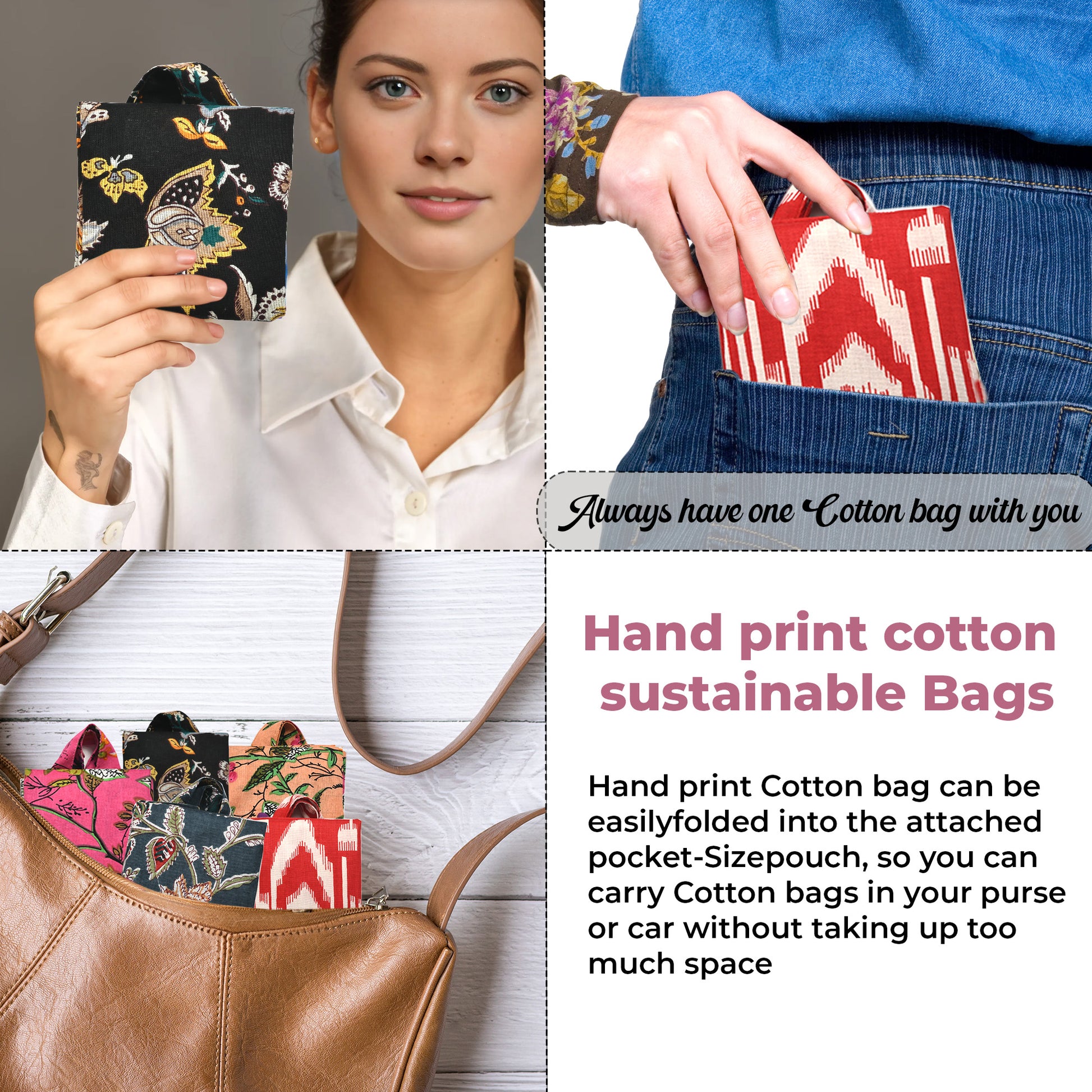 Hand-Printed Cotton Shopping Bags - Mix Set of 5