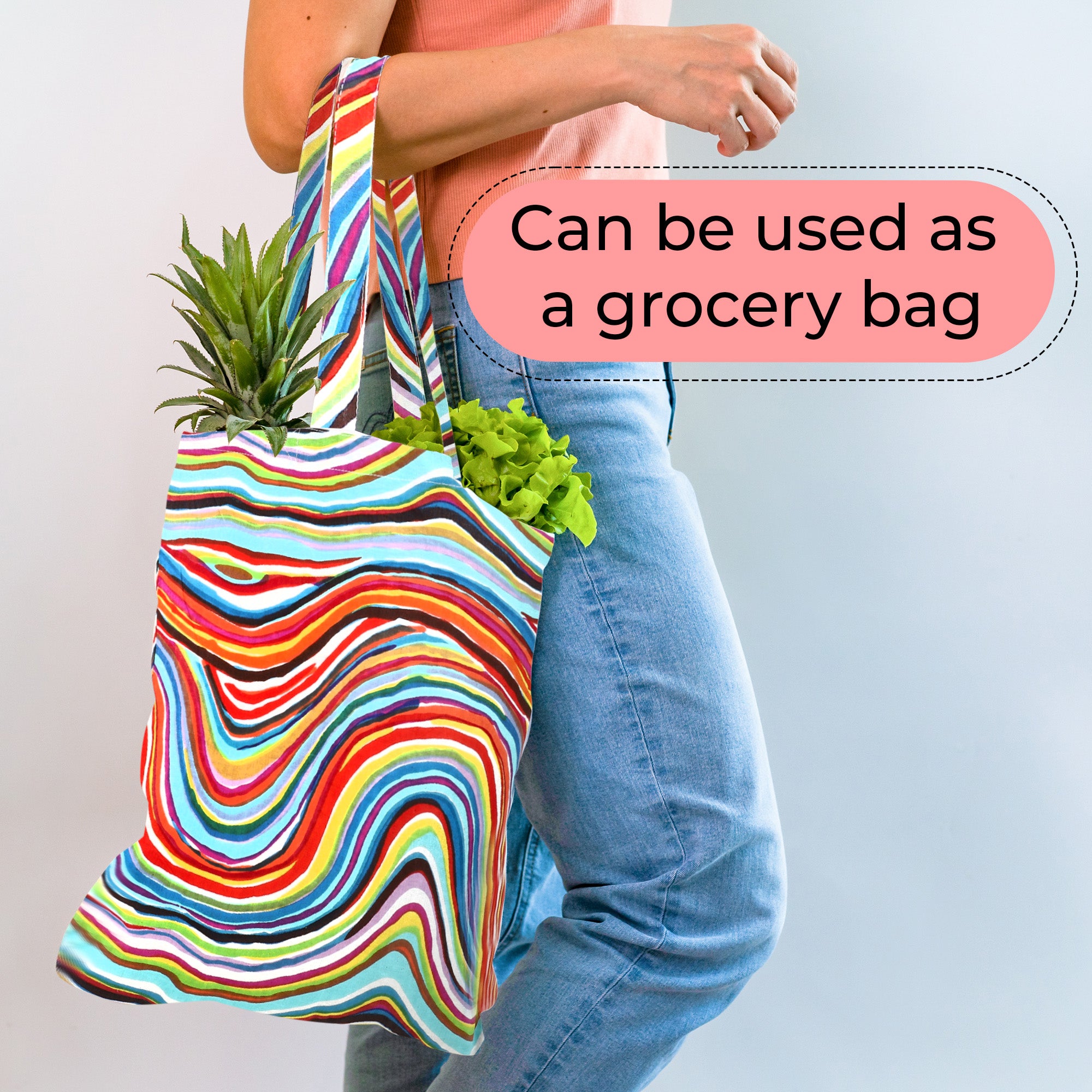 colorful indian hand print tote bag for grocery shopping or errands 100% cotton eco-friendly