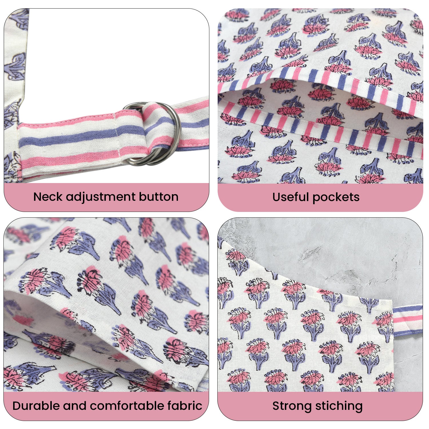 pink and white kitchen apron features adjustable neck button, useful pockets, durable and comfortable fabric, and strong stitching