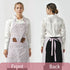 front and back of lady wearing pink and white floral apron with wooden utensils in the front pocket