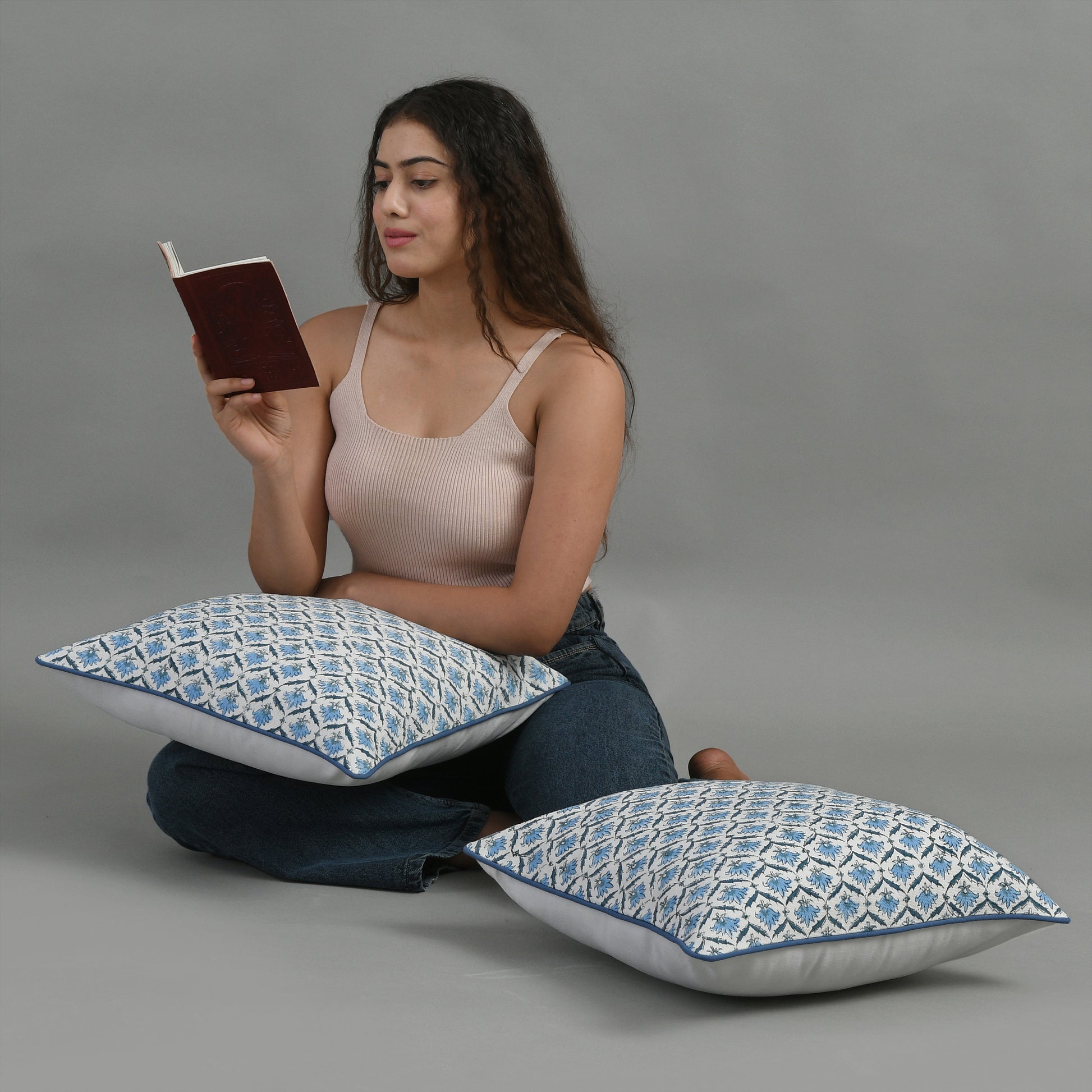 Boho Cotton Pillow Covers - Jeans Blue (Set of 2)