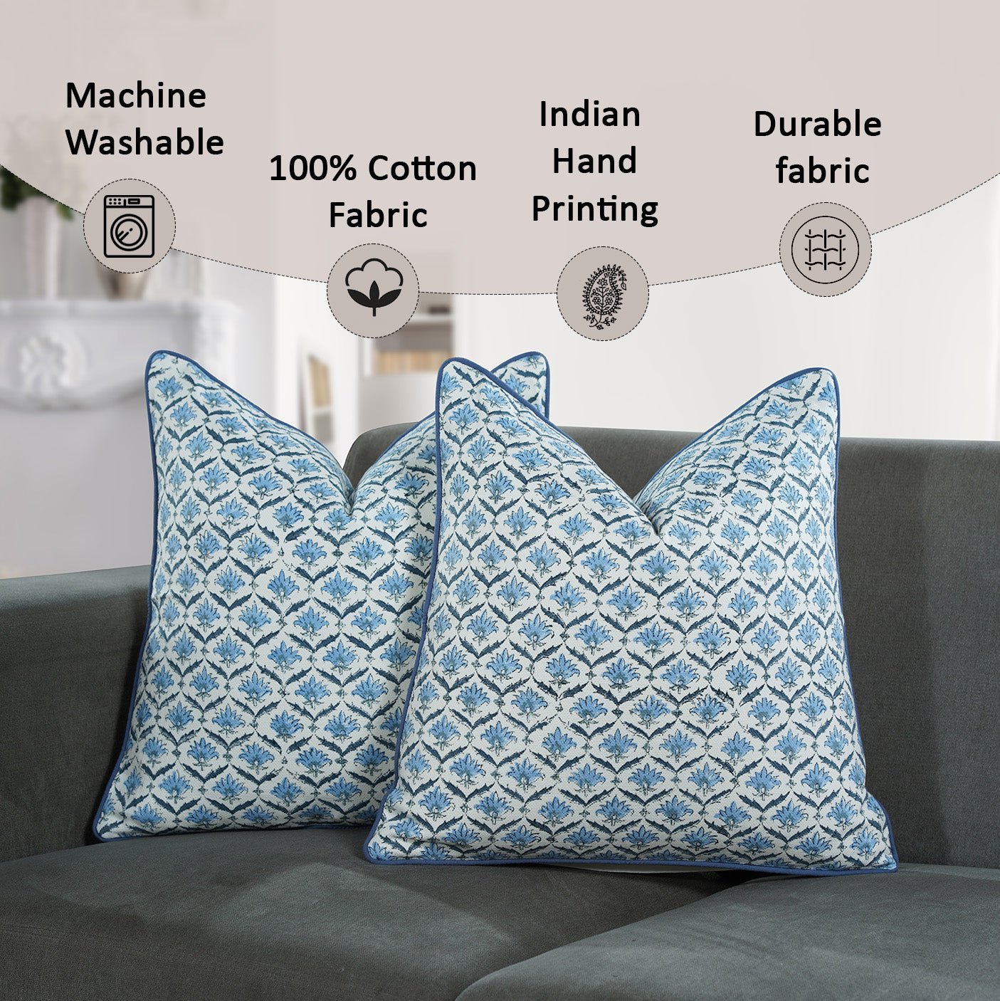Boho Cotton Pillow Covers - Jeans Blue (Set of 2)