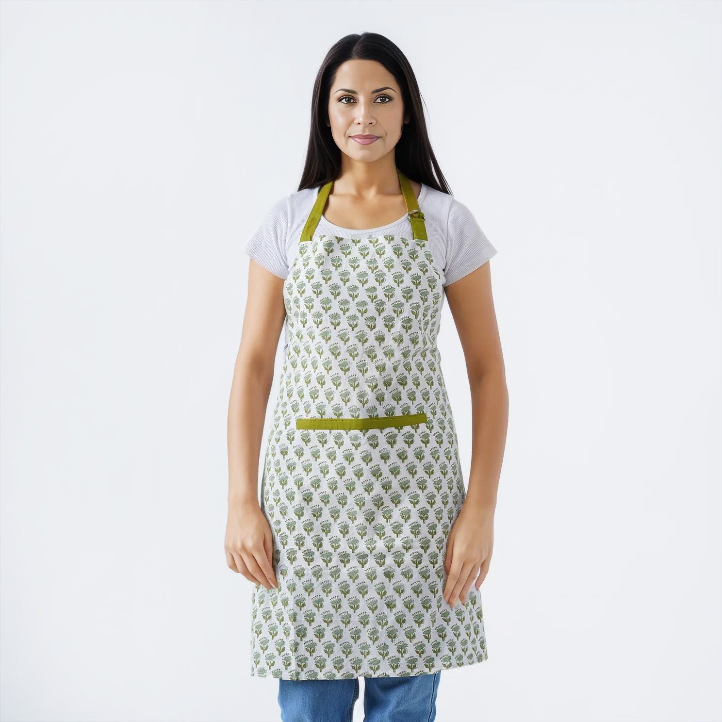 Vintage-inspired green and white apron with a floral print