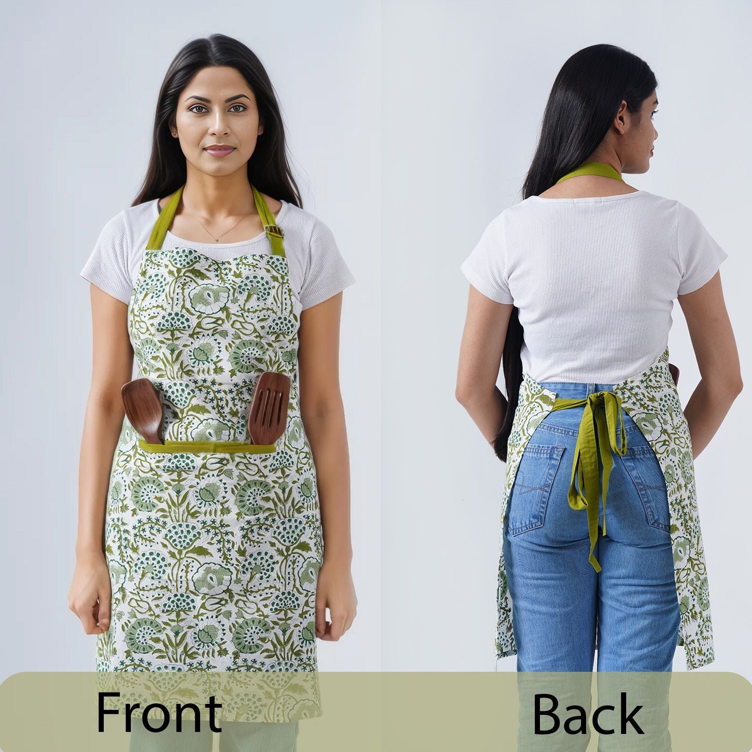 Earthy green cotton apron for chefs and home cooks