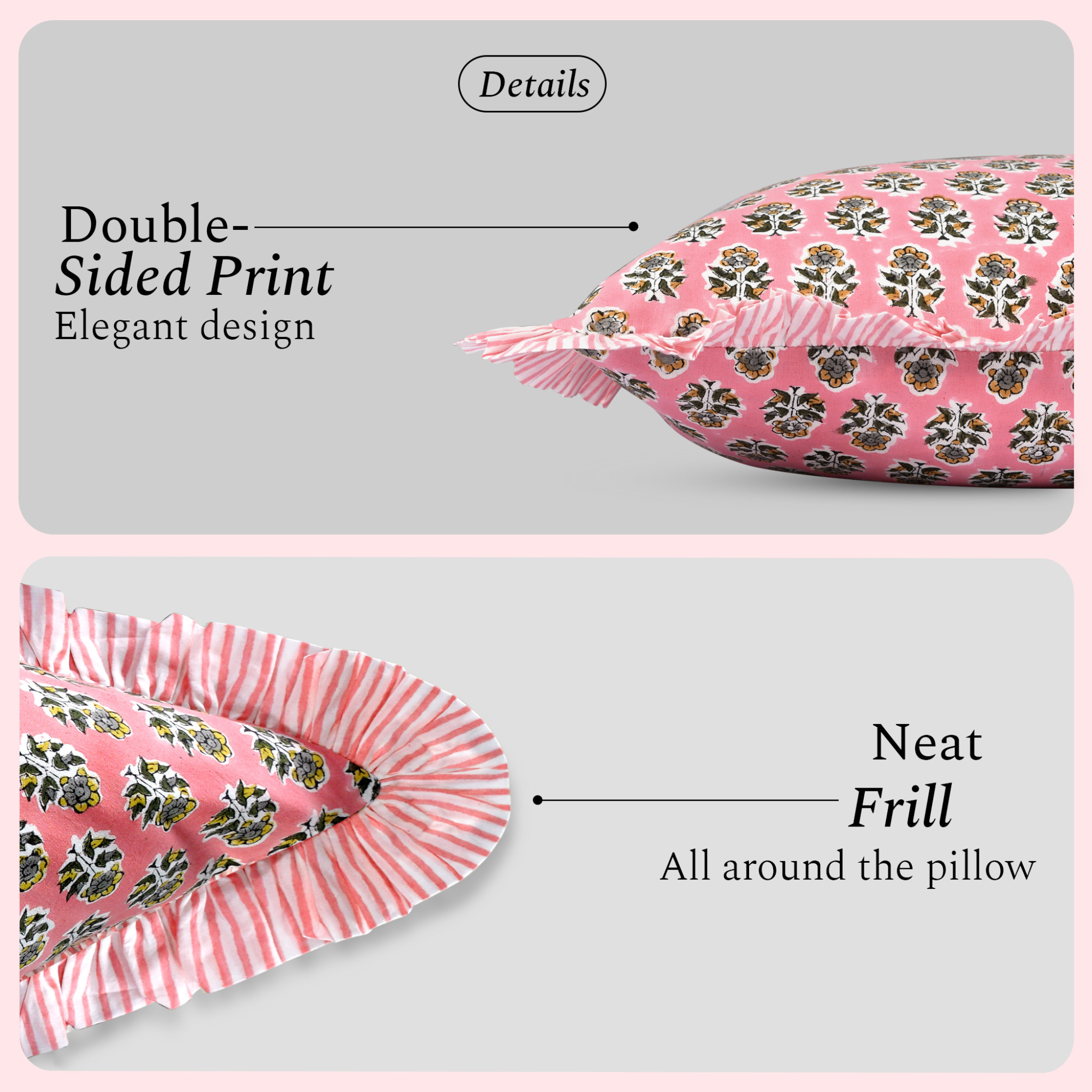 Close-up side view of a decorative pink pillow showing detailed stitching and fabric texture.