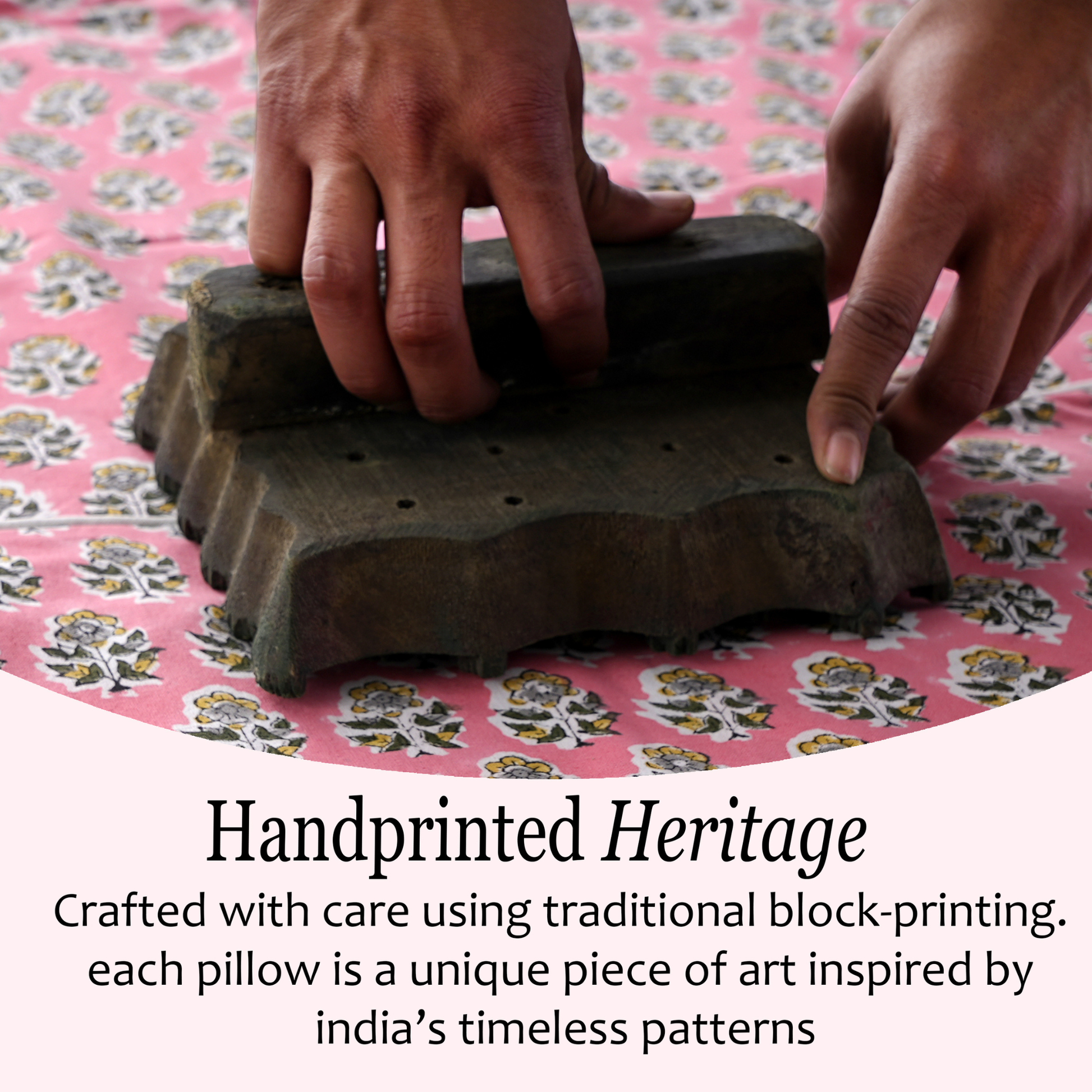 Hand pressing down on a handcrafted cotton pillow cover, highlighting artisanal craftsmanship and texture