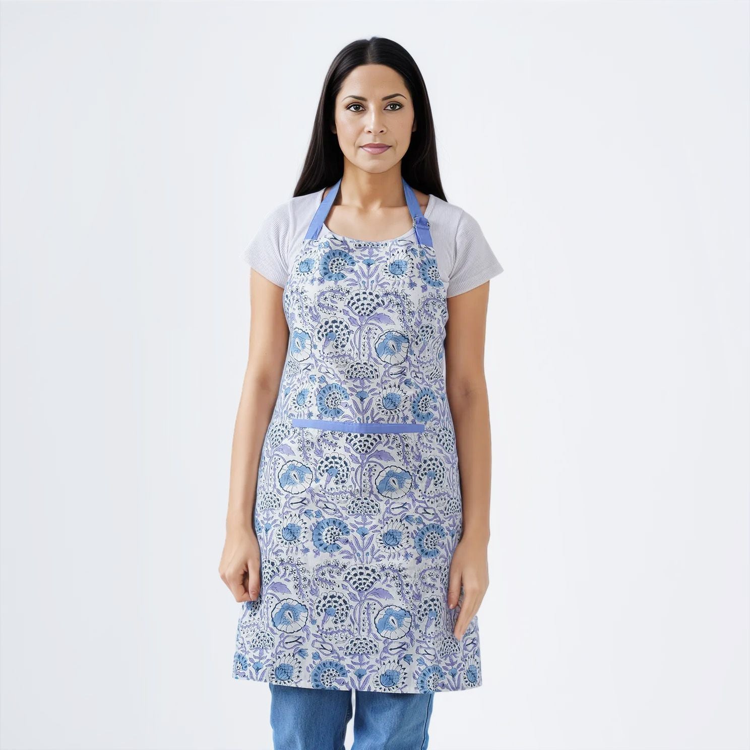 Deep blue apron with functional storage pockets