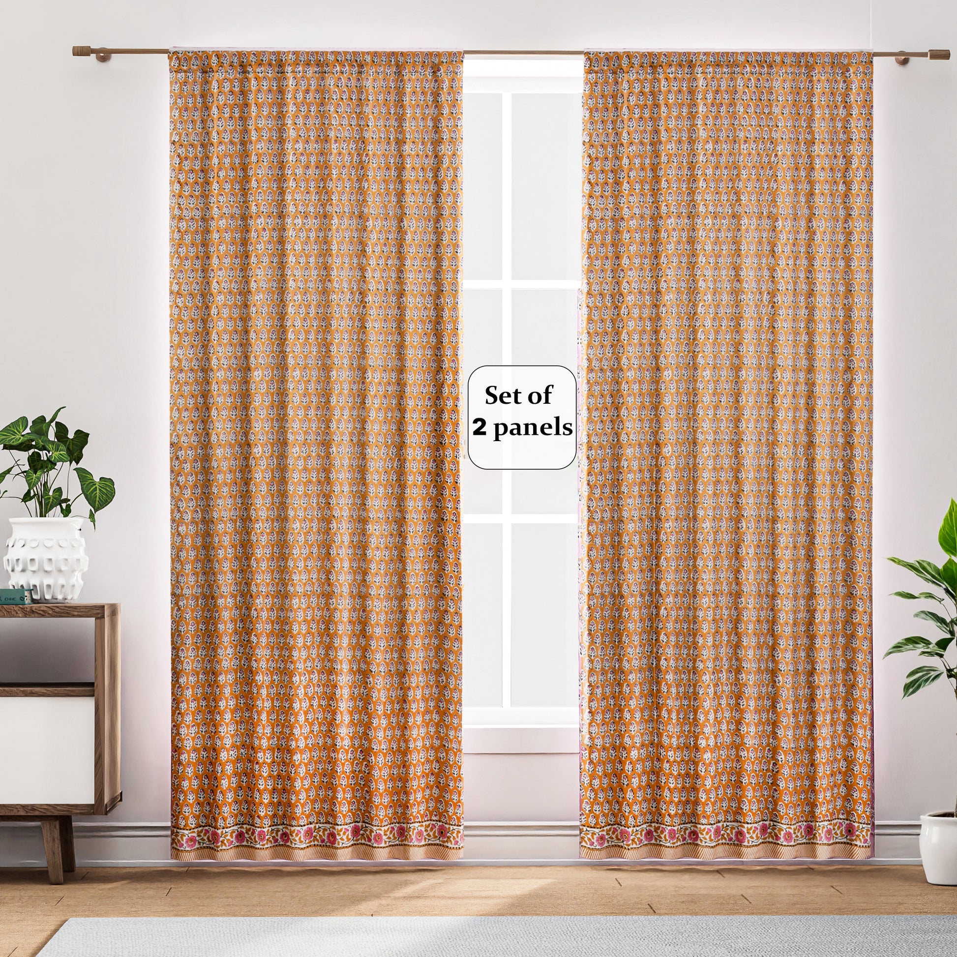 Semi-Sheer Cotton Block Print Curtains - Yellow Citrine