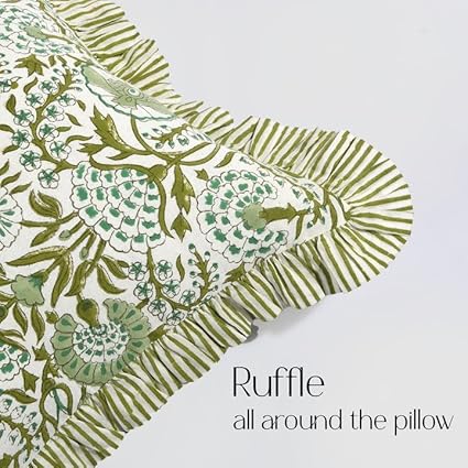 Decorative pillow with double-sided print and neat frill on a light gray background