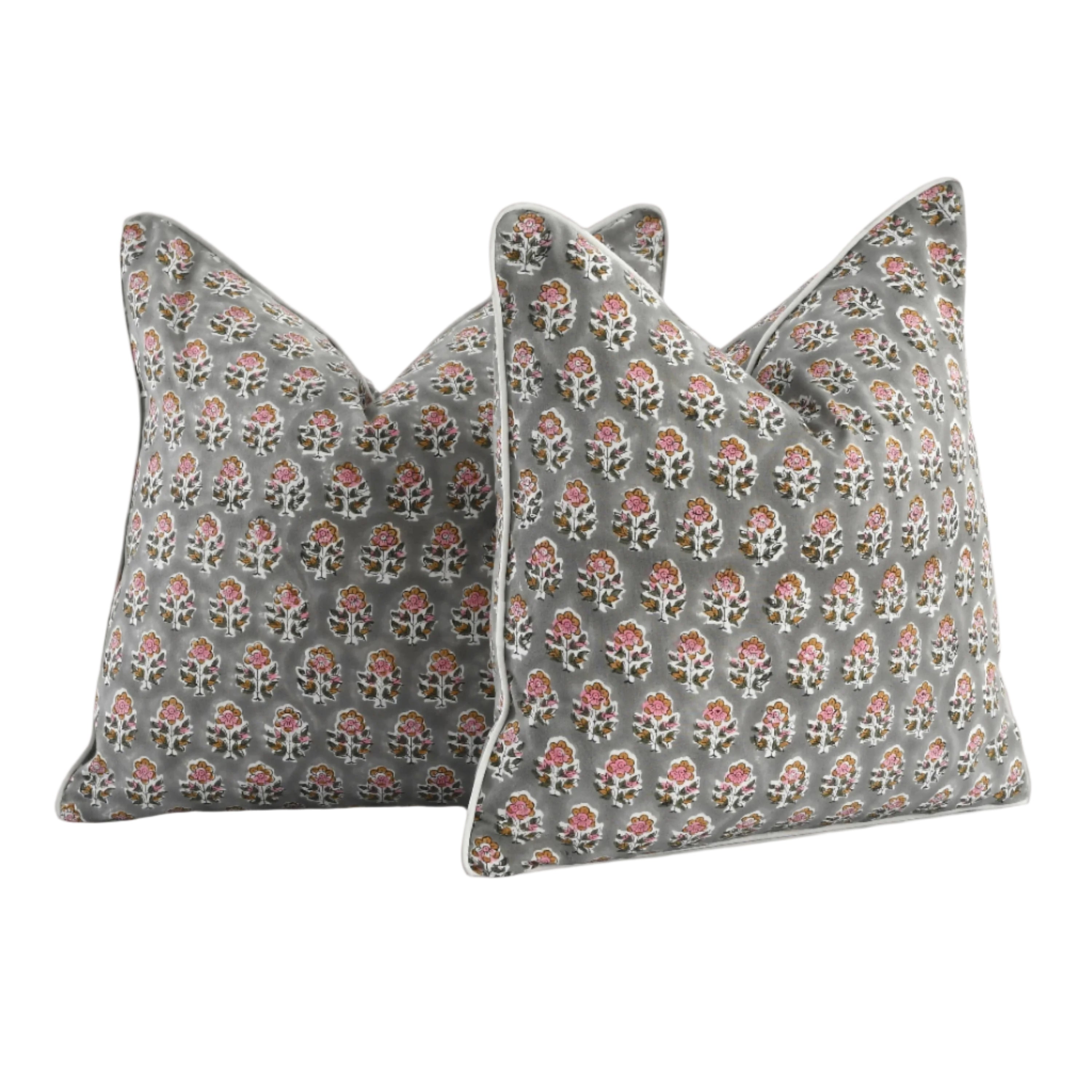 Sophisticated gray floral Indian piping pillow for a neutral aesthetic