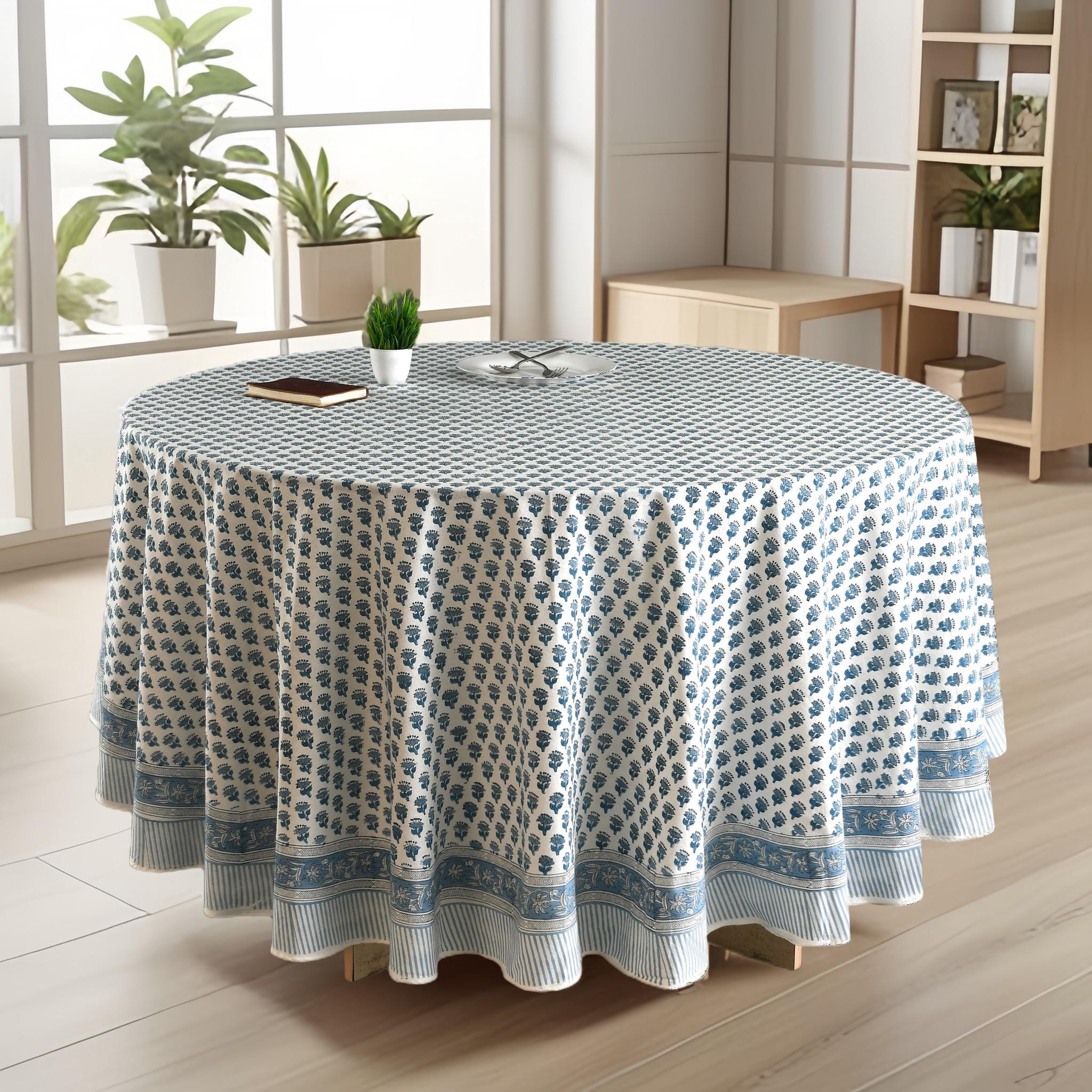blue floral 100% cotton breathable tablecloth on round table