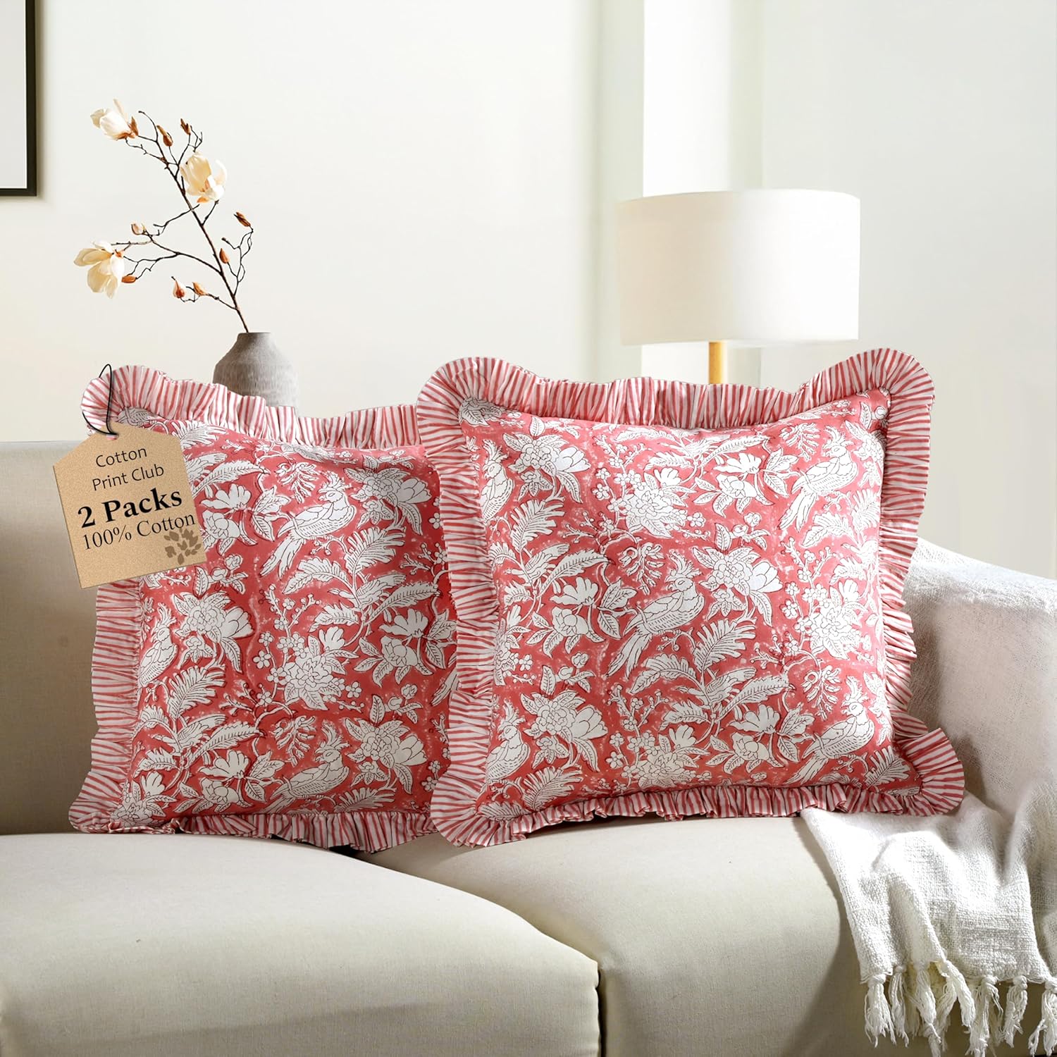 Ruffle Throw Pillow Covers -  Coral Pink