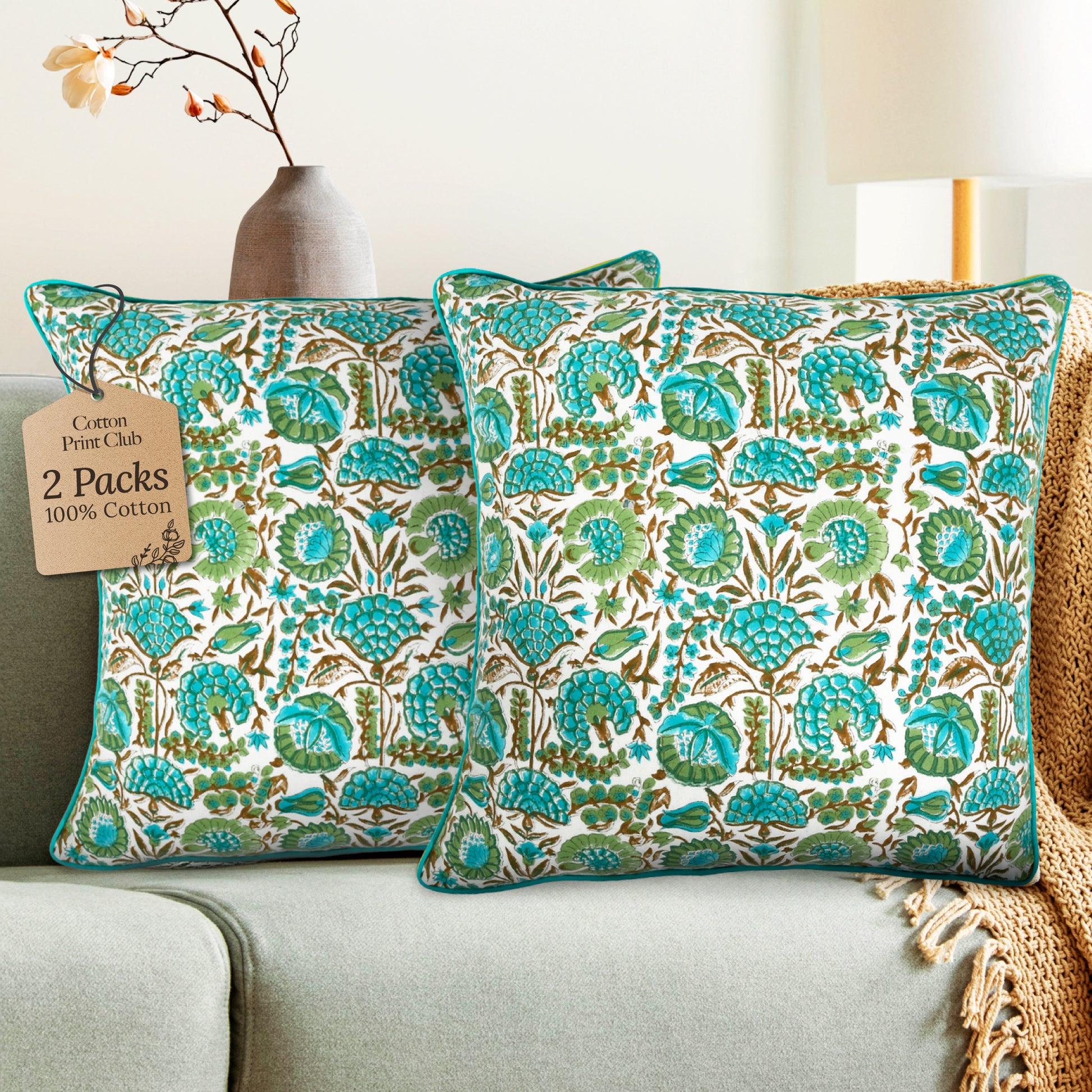 Piping Throw Pillow Covers - Aqua Green (Set of 2)