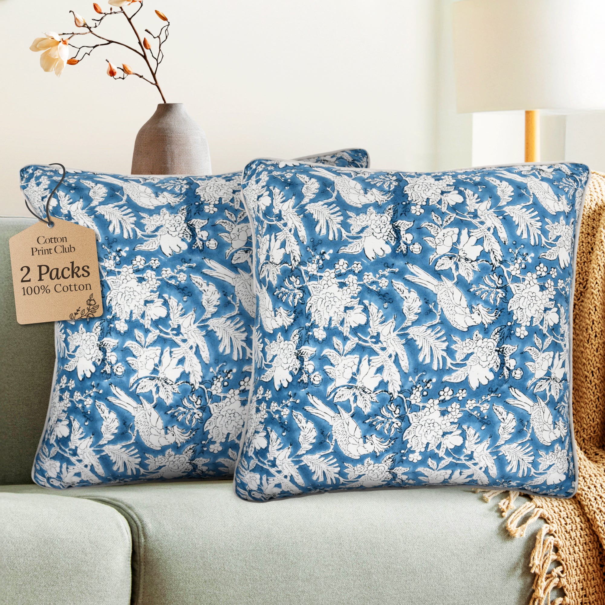 Piping Throw Pillow Covers - Blue Sapphire (Set of 2)