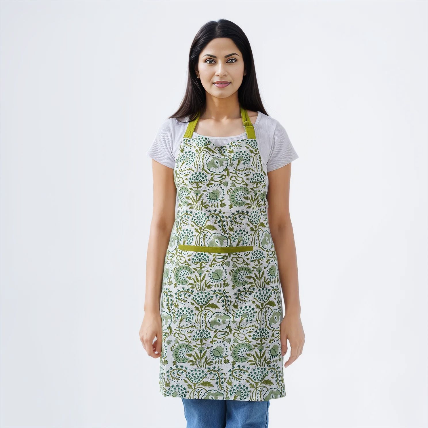Elegant olive green apron with a breathable cotton fabric