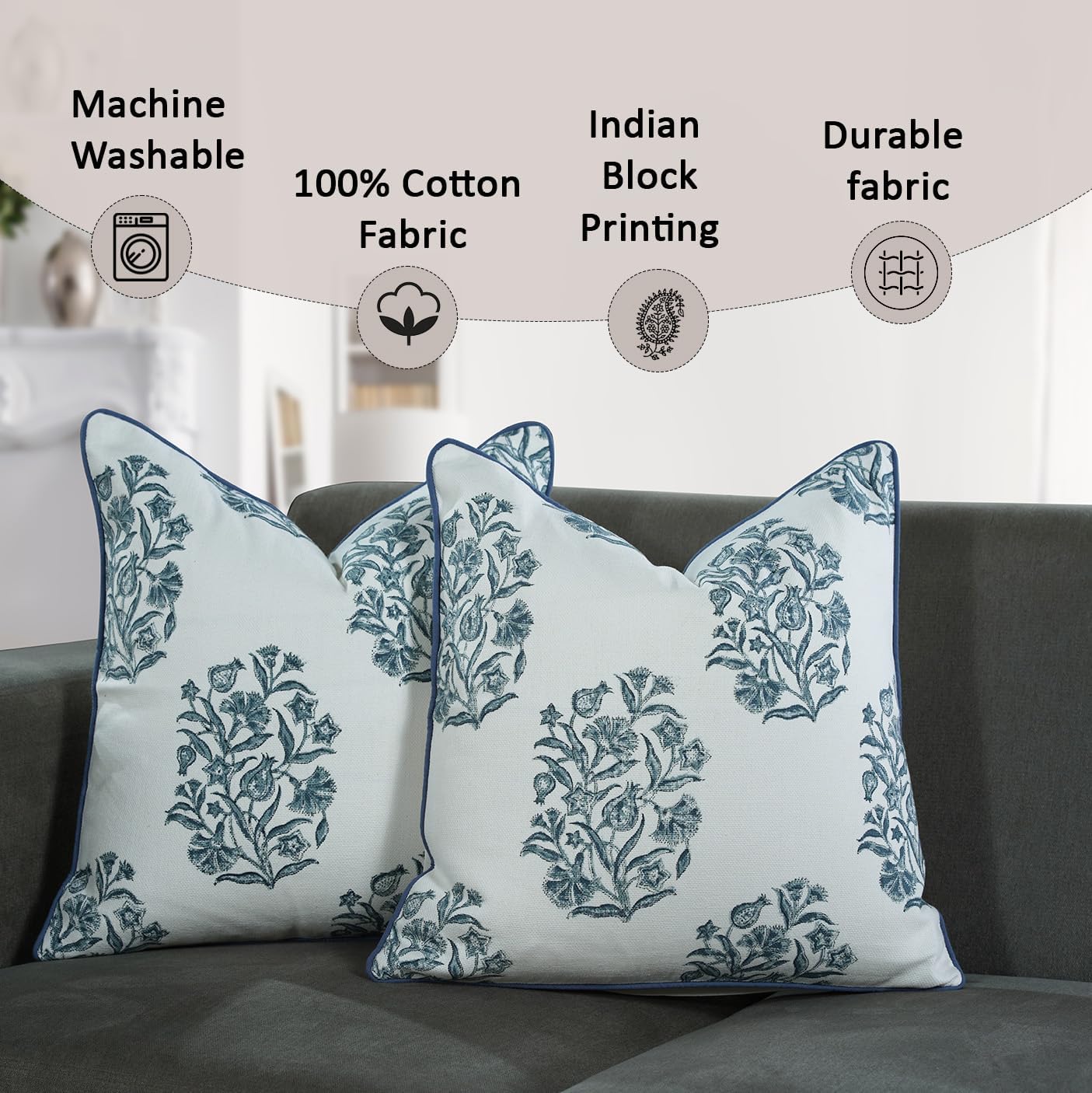 Boho Cotton Pillow Covers - Indigo Blue (Set of 2)