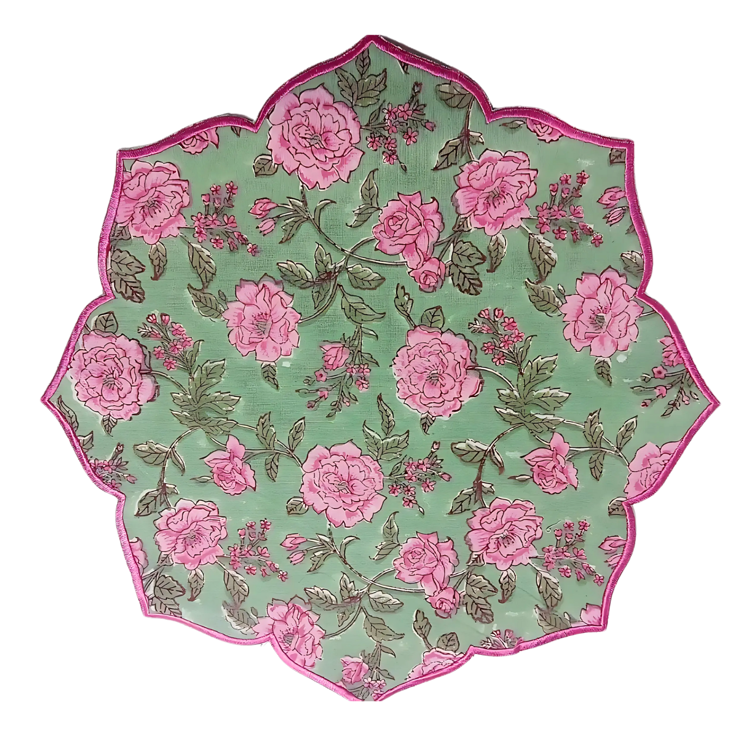 Cotton placemat with pink gemstone-inspired tone and floral details